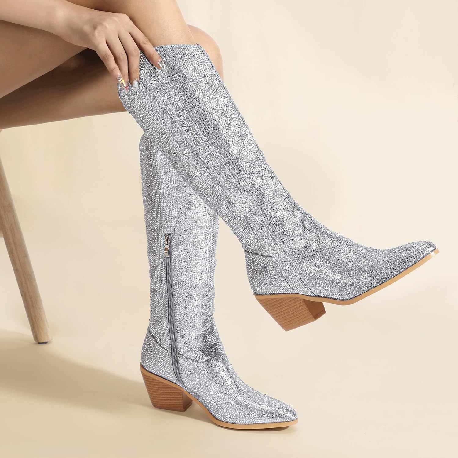 image:imageIDIFU IN3 Rhinestone Cowboy Boots For Women Knee High Western Cowgirl Boots Pointed Toe Block Chunky Heels Sparkly Glitter Long Tall Dress Booties Party Bling Shiny BootsRhinestone
