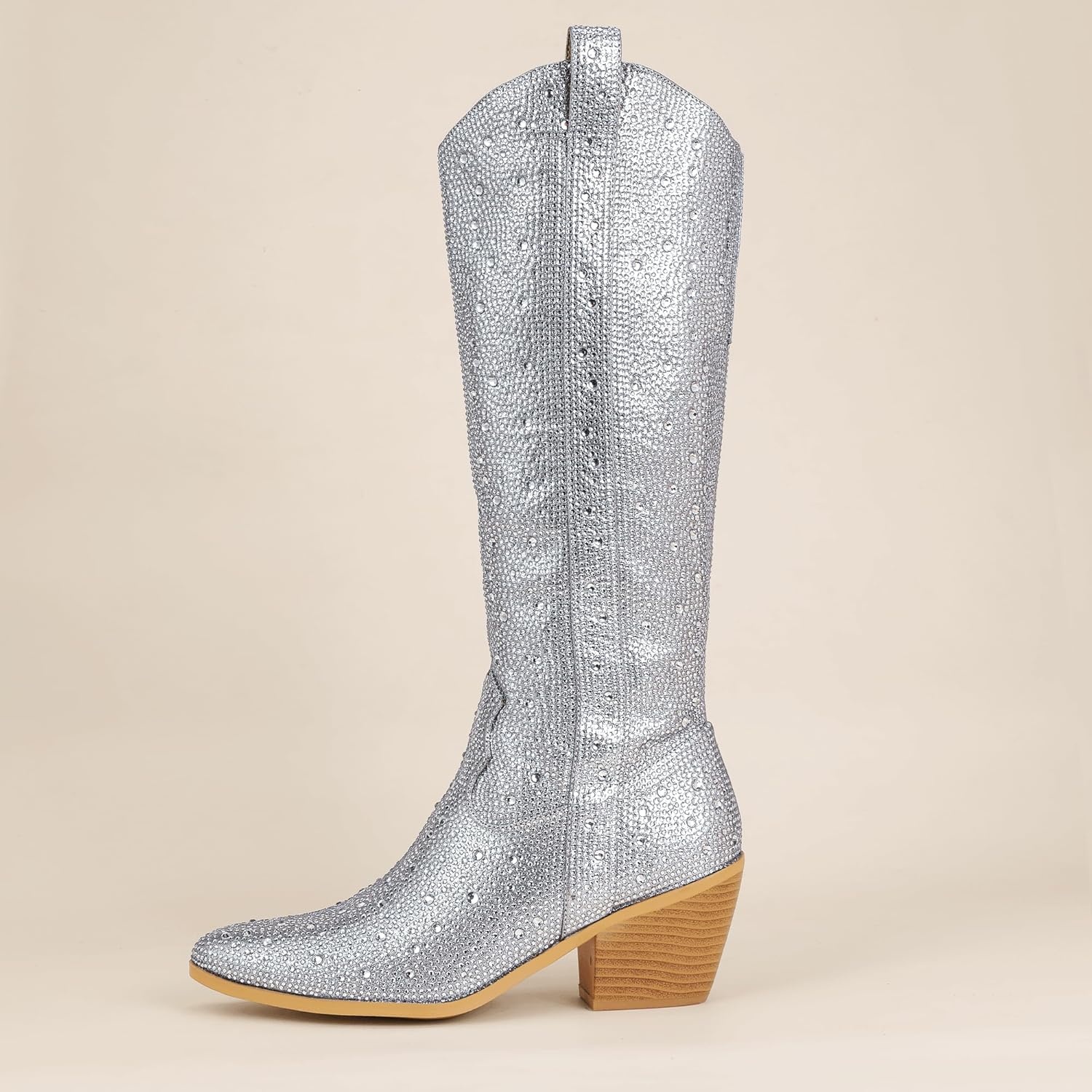 image:imageIDIFU IN3 Rhinestone Cowboy Boots For Women Knee High Western Cowgirl Boots Pointed Toe Block Chunky Heels Sparkly Glitter Long Tall Dress Booties Party Bling Shiny BootsRhinestone