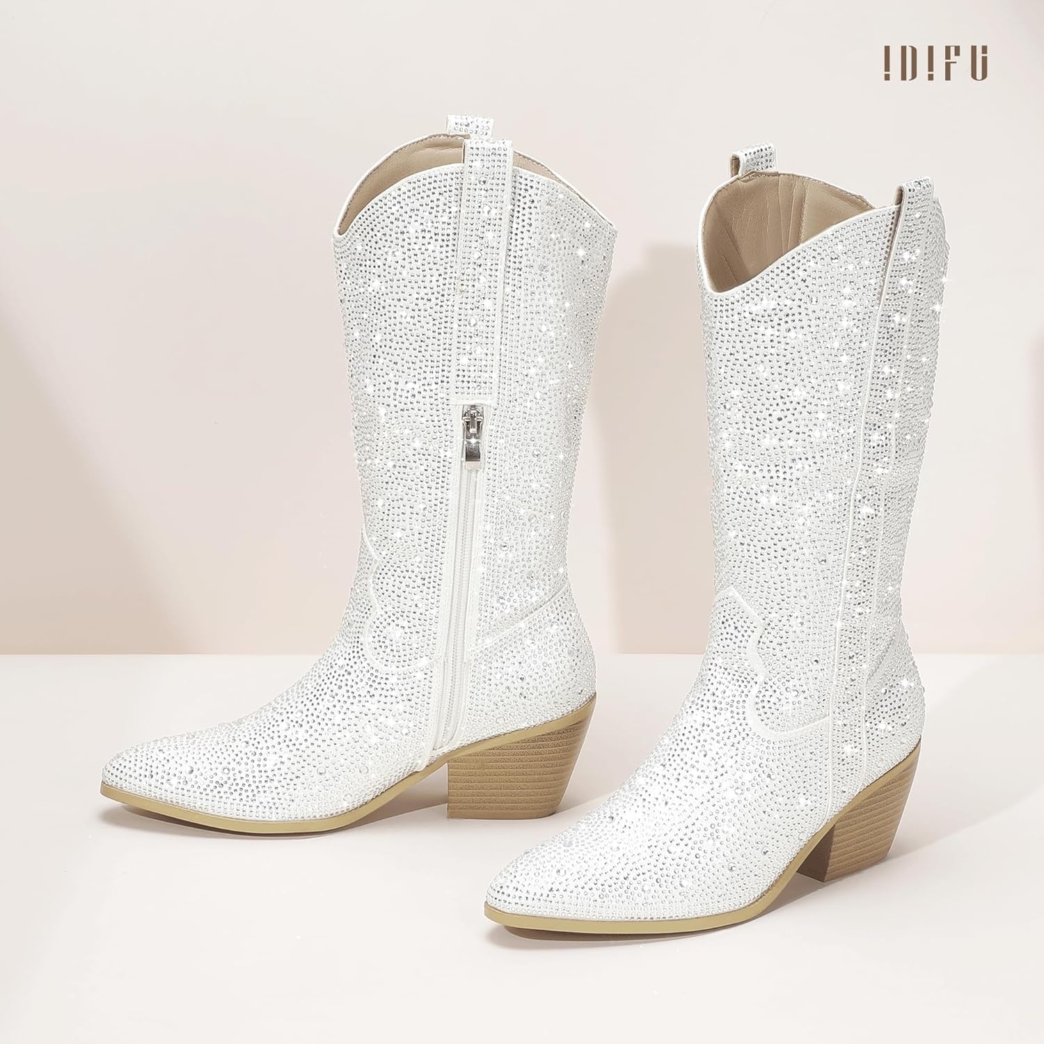 image:imageIDIFU IN3 Rhinestone Cowboy Boots for Women Mid Calf Sparkly Western Cowgirl Pointed Toe Booties Low Block Chunky Heel Glitter Country Cute Zipper Dress Booties Wedding Party Bling Shiny BootsWhite Rhinestone