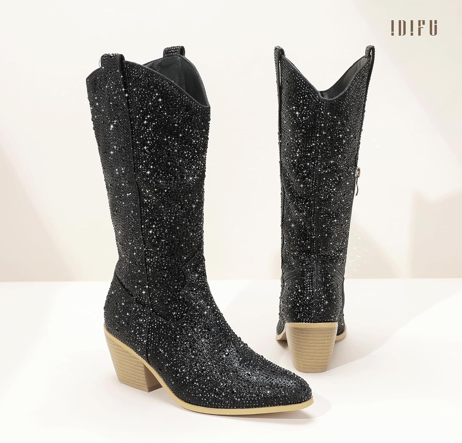 image:imageIDIFU IN3 Rhinestone Cowboy Boots for Women Mid Calf Sparkly Western Cowgirl Pointed Toe Booties Low Block Chunky Heel Glitter Country Cute Zipper Dress Booties Wedding Party Bling Shiny BootsBlack Rhinestone