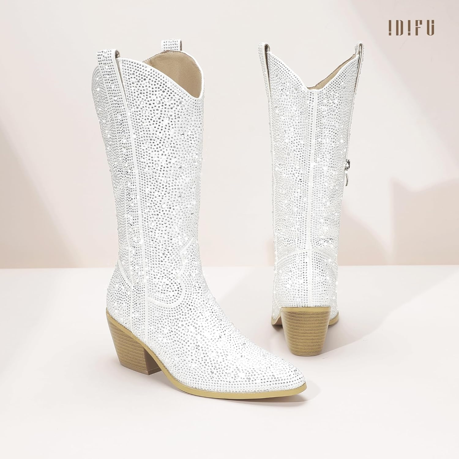 image:imageIDIFU IN3 Rhinestone Cowboy Boots for Women Mid Calf Sparkly Western Cowgirl Pointed Toe Booties Low Block Chunky Heel Glitter Country Cute Zipper Dress Booties Wedding Party Bling Shiny BootsWhite Rhinestone