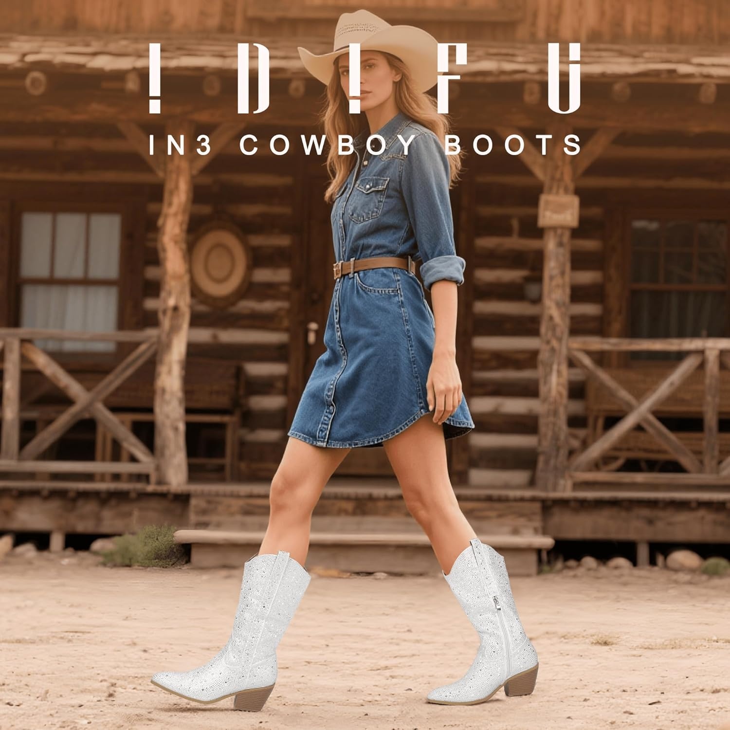image:imageIDIFU IN3 Rhinestone Cowboy Boots for Women Mid Calf Sparkly Western Cowgirl Pointed Toe Booties Low Block Chunky Heel Glitter Country Cute Zipper Dress Booties Wedding Party Bling Shiny BootsWhite Rhinestone