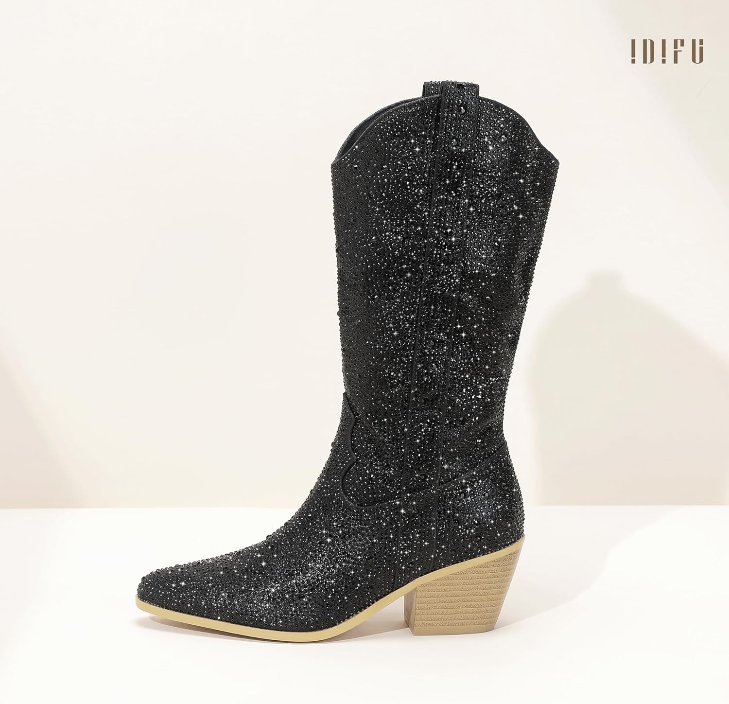 image:imageIDIFU IN3 Rhinestone Cowboy Boots for Women Mid Calf Sparkly Western Cowgirl Pointed Toe Booties Low Block Chunky Heel Glitter Country Cute Zipper Dress Booties Wedding Party Bling Shiny BootsBlack Rhinestone