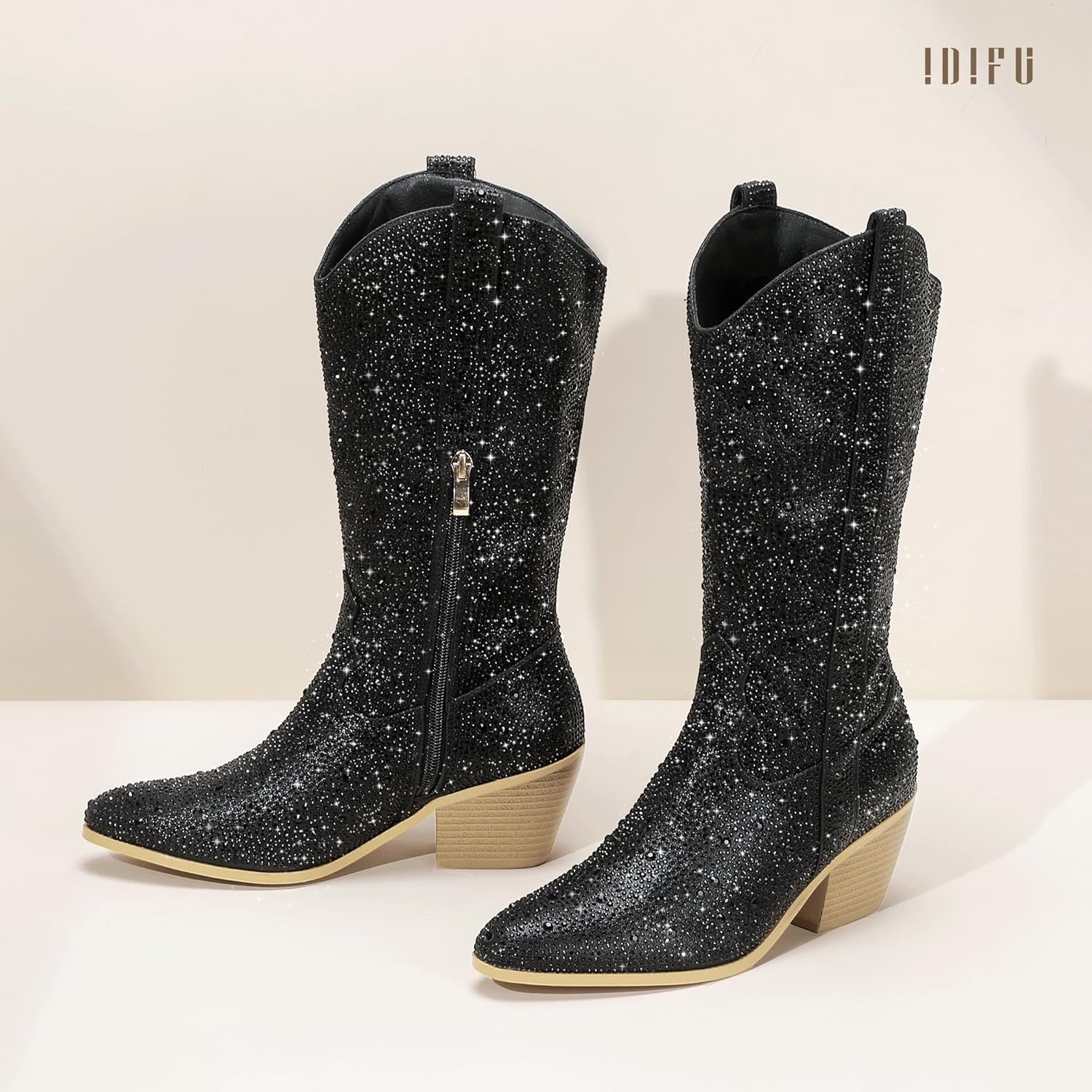 image:imageIDIFU IN3 Rhinestone Cowboy Boots for Women Mid Calf Sparkly Western Cowgirl Pointed Toe Booties Low Block Chunky Heel Glitter Country Cute Zipper Dress Booties Wedding Party Bling Shiny BootsBlack Rhinestone