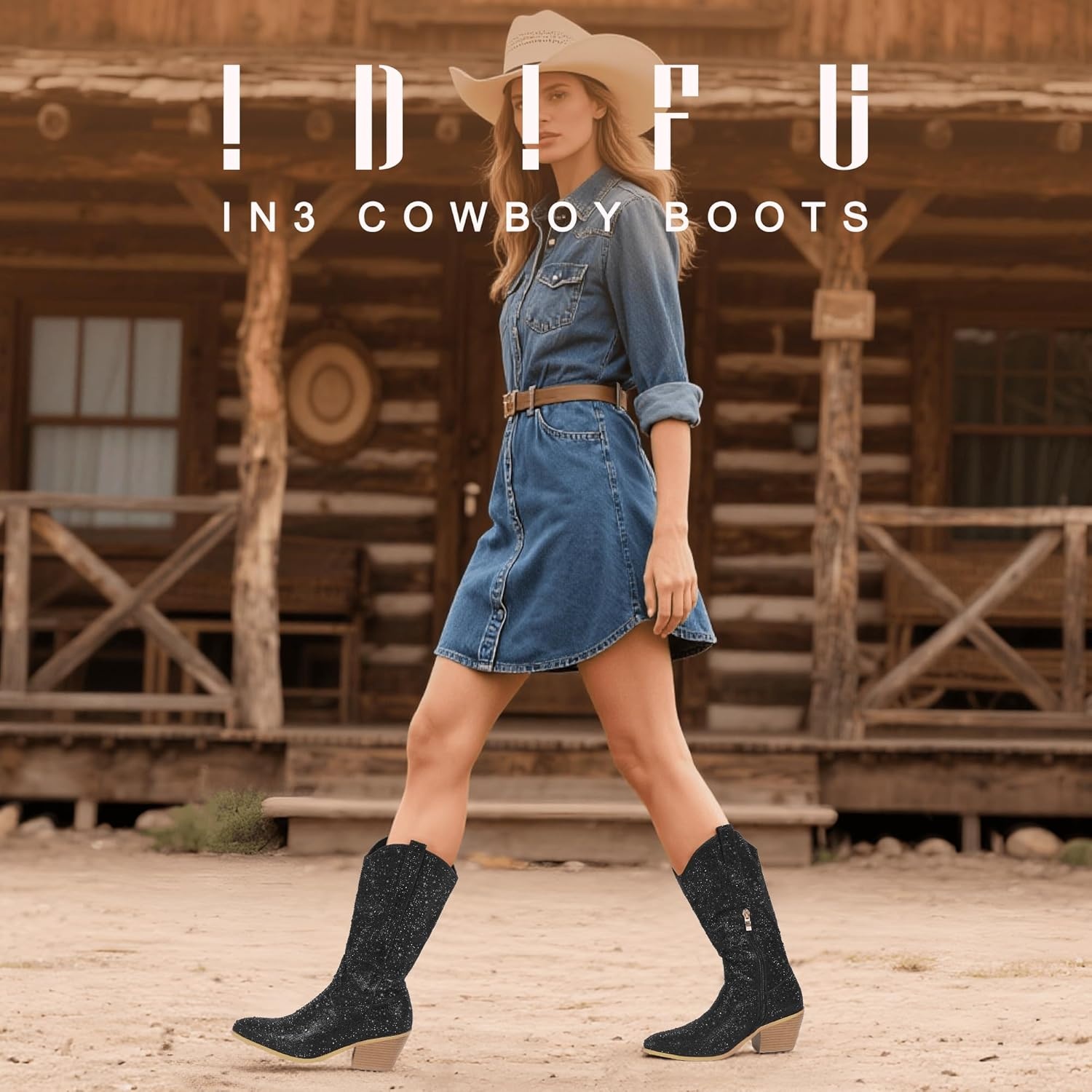 image:imageIDIFU IN3 Rhinestone Cowboy Boots for Women Mid Calf Sparkly Western Cowgirl Pointed Toe Booties Low Block Chunky Heel Glitter Country Cute Zipper Dress Booties Wedding Party Bling Shiny BootsBlack Rhinestone