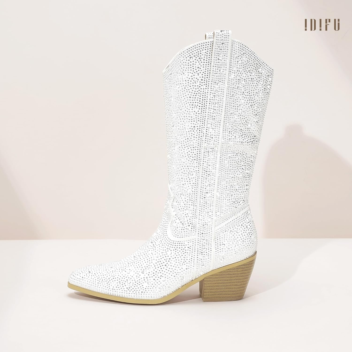 image:imageIDIFU IN3 Rhinestone Cowboy Boots for Women Mid Calf Sparkly Western Cowgirl Pointed Toe Booties Low Block Chunky Heel Glitter Country Cute Zipper Dress Booties Wedding Party Bling Shiny BootsWhite Rhinestone