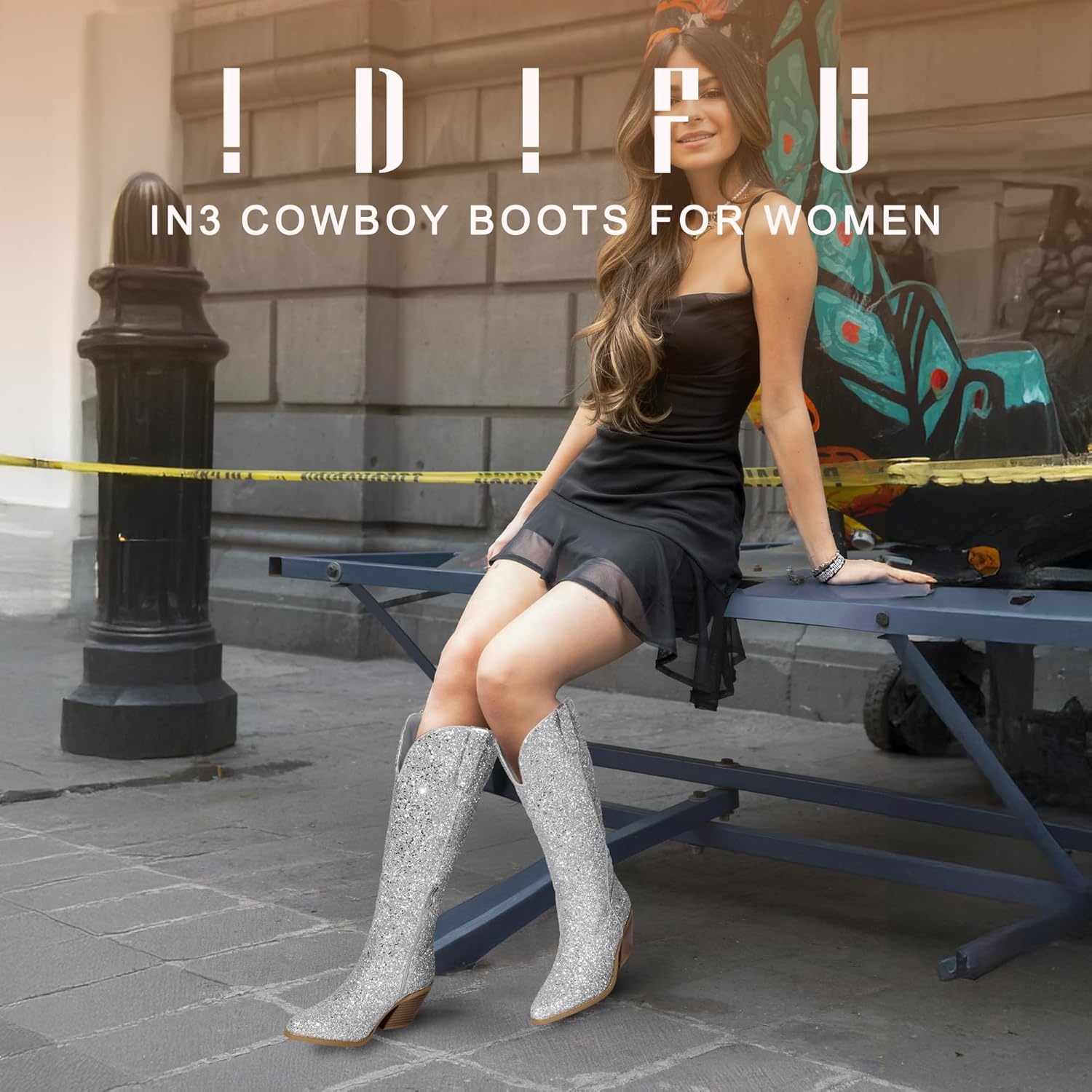 image:imageIDIFU IN3 Sparkly Cowboy Cowgirl Boots for Women Knee High Tall Long Glitter Dress Low Chunky Block Heel Sequin Sparkle Wedding Party Date Bride Ladies Bling Shiny BootsSilver