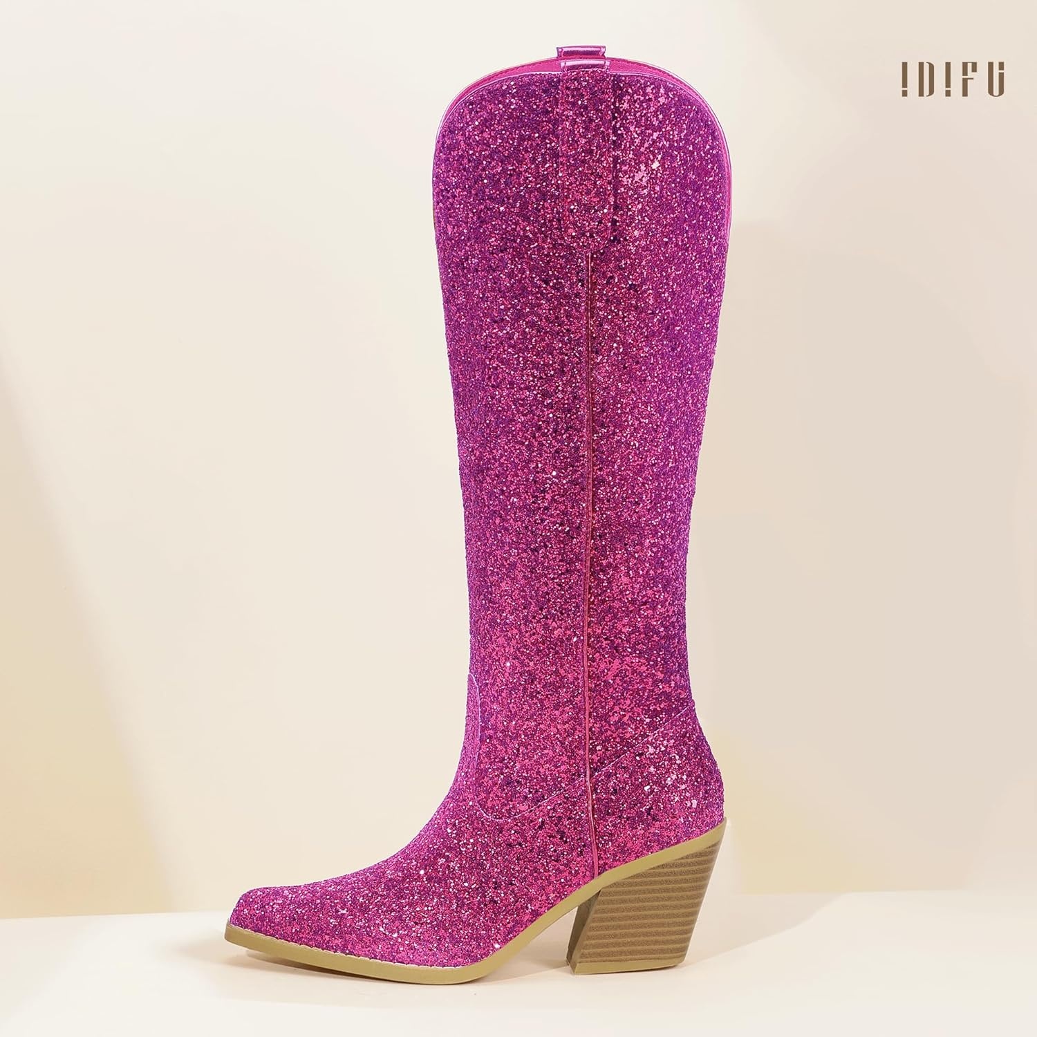 image:imageIDIFU IN3 Sparkly Cowboy Cowgirl Boots for Women Knee High Tall Long Glitter Dress Low Chunky Block Heel Sequin Sparkle Wedding Party Date Bride Ladies Bling Shiny BootsHot Pink