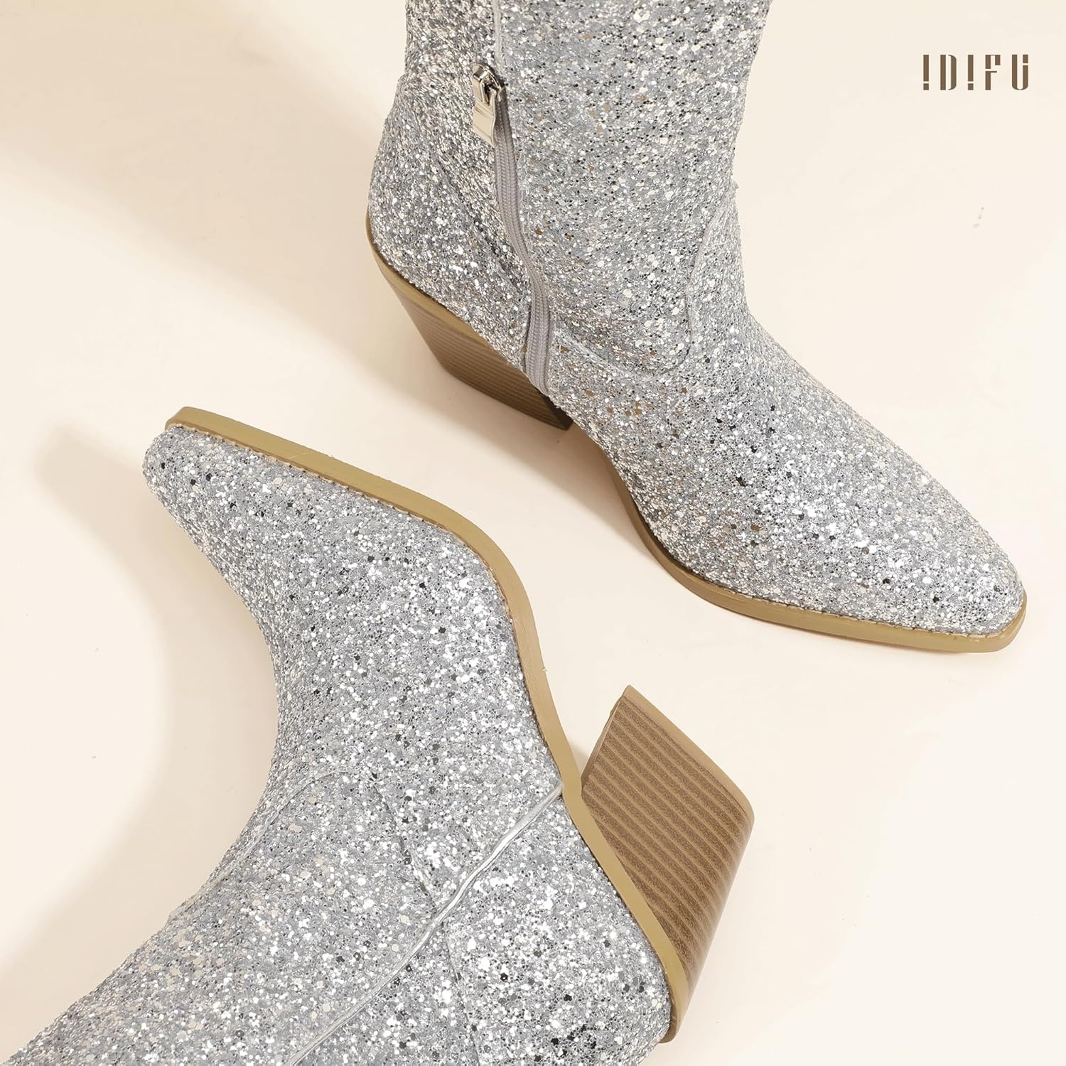 image:imageIDIFU IN3 Sparkly Cowboy Cowgirl Boots for Women Knee High Tall Long Glitter Dress Low Chunky Block Heel Sequin Sparkle Wedding Party Date Bride Ladies Bling Shiny BootsSilver