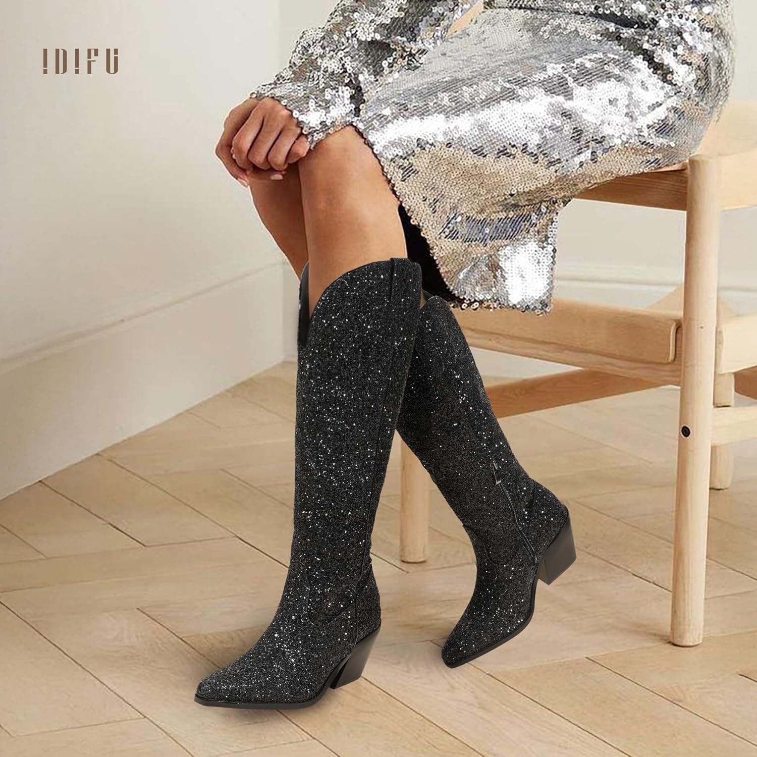 image:imageIDIFU IN3 Sparkly Cowboy Cowgirl Boots for Women Knee High Tall Long Glitter Dress Low Chunky Block Heel Sequin Sparkle Wedding Party Date Bride Ladies Bling Shiny BootsBlack