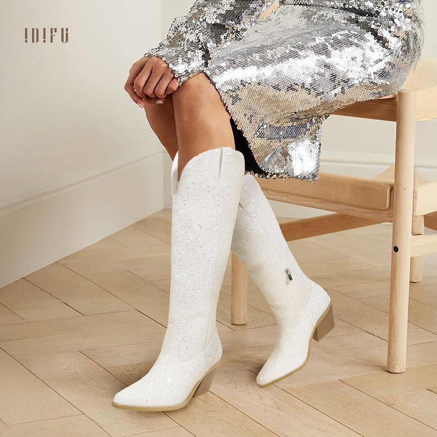 image:imageIDIFU IN3 Sparkly Cowboy Cowgirl Boots for Women Knee High Tall Long Glitter Dress Low Chunky Block Heel Sequin Sparkle Wedding Party Date Bride Ladies Bling Shiny BootsWhite