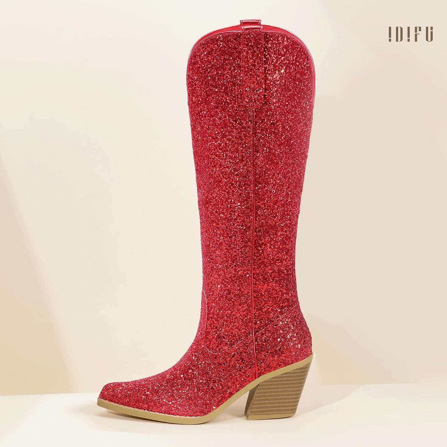 image:imageIDIFU IN3 Sparkly Cowboy Cowgirl Boots for Women Knee High Tall Long Glitter Dress Low Chunky Block Heel Sequin Sparkle Wedding Party Date Bride Ladies Bling Shiny BootsRed