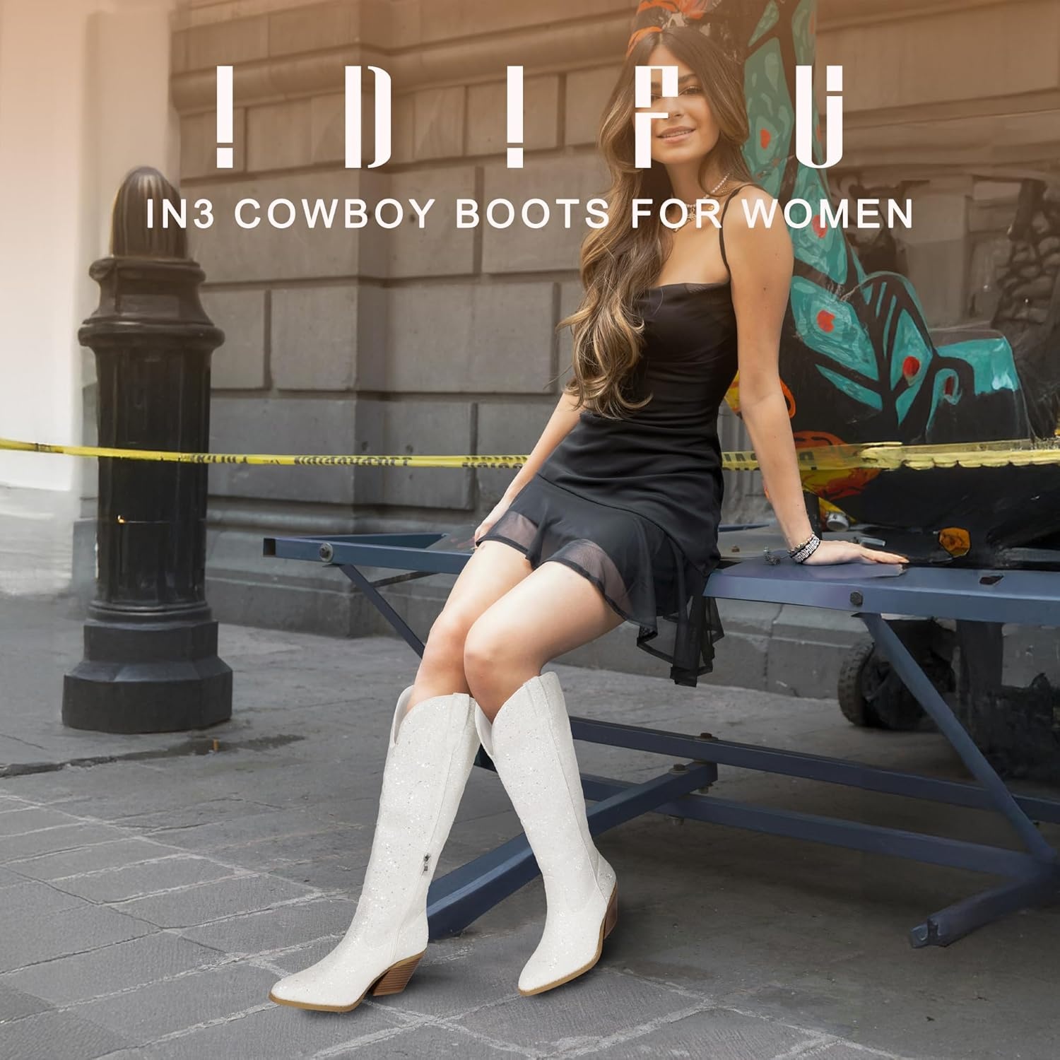 image:imageIDIFU IN3 Sparkly Cowboy Cowgirl Boots for Women Knee High Tall Long Glitter Dress Low Chunky Block Heel Sequin Sparkle Wedding Party Date Bride Ladies Bling Shiny BootsWhite