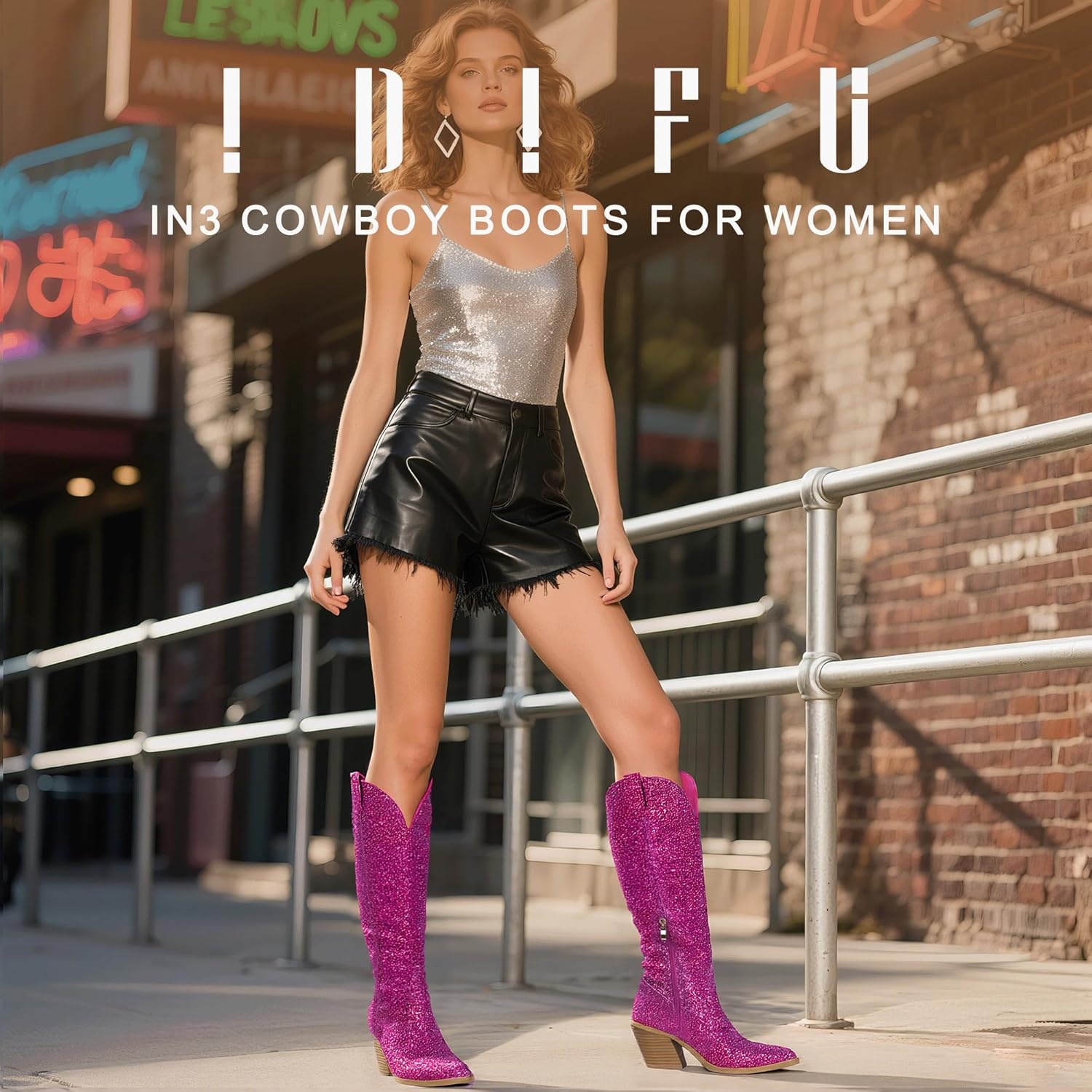 image:imageIDIFU IN3 Sparkly Cowboy Cowgirl Boots for Women Knee High Tall Long Glitter Dress Low Chunky Block Heel Sequin Sparkle Wedding Party Date Bride Ladies Bling Shiny BootsHot Pink