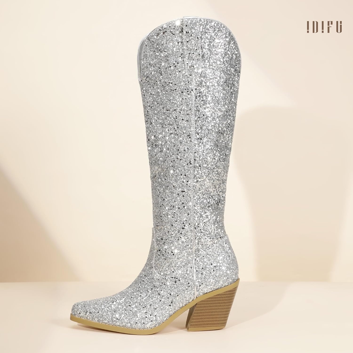 image:imageIDIFU IN3 Sparkly Cowboy Cowgirl Boots for Women Knee High Tall Long Glitter Dress Low Chunky Block Heel Sequin Sparkle Wedding Party Date Bride Ladies Bling Shiny BootsSilver