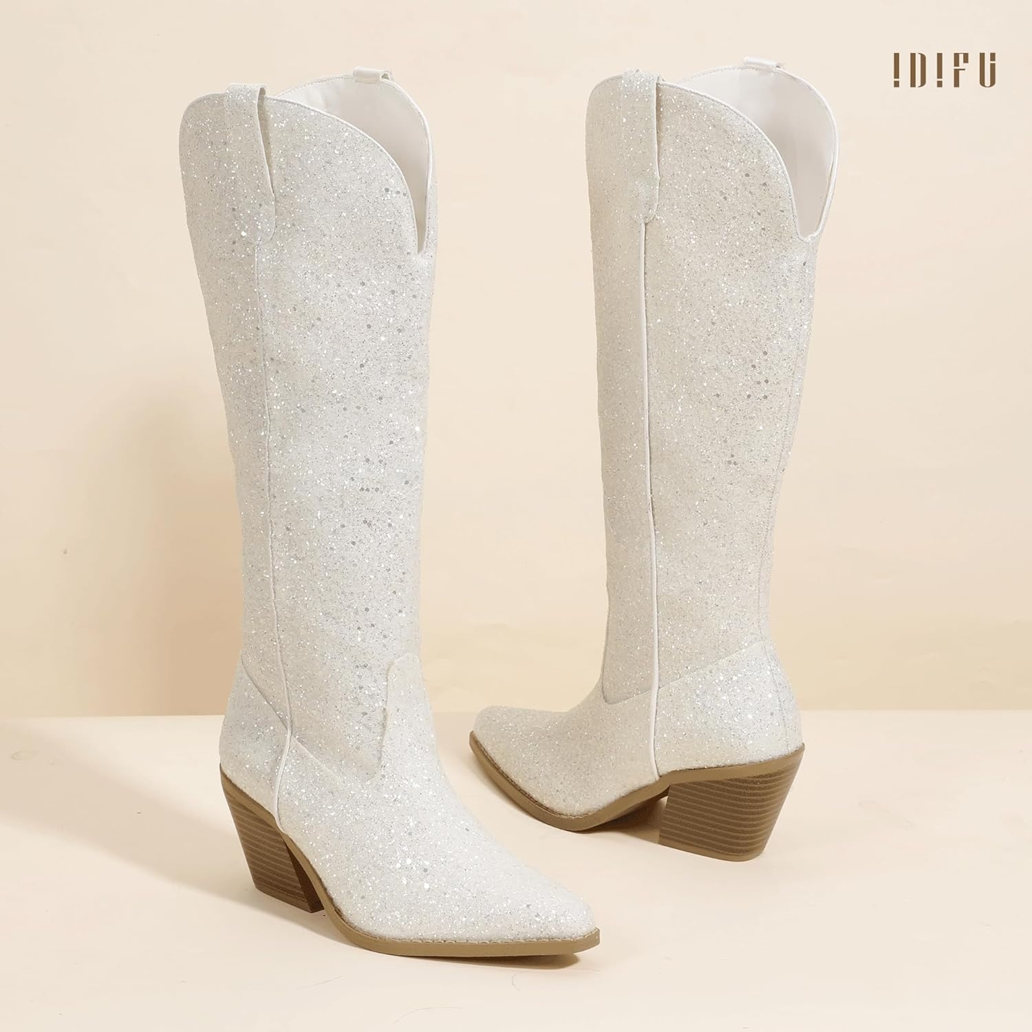 image:imageIDIFU IN3 Sparkly Cowboy Cowgirl Boots for Women Knee High Tall Long Glitter Dress Low Chunky Block Heel Sequin Sparkle Wedding Party Date Bride Ladies Bling Shiny BootsWhite