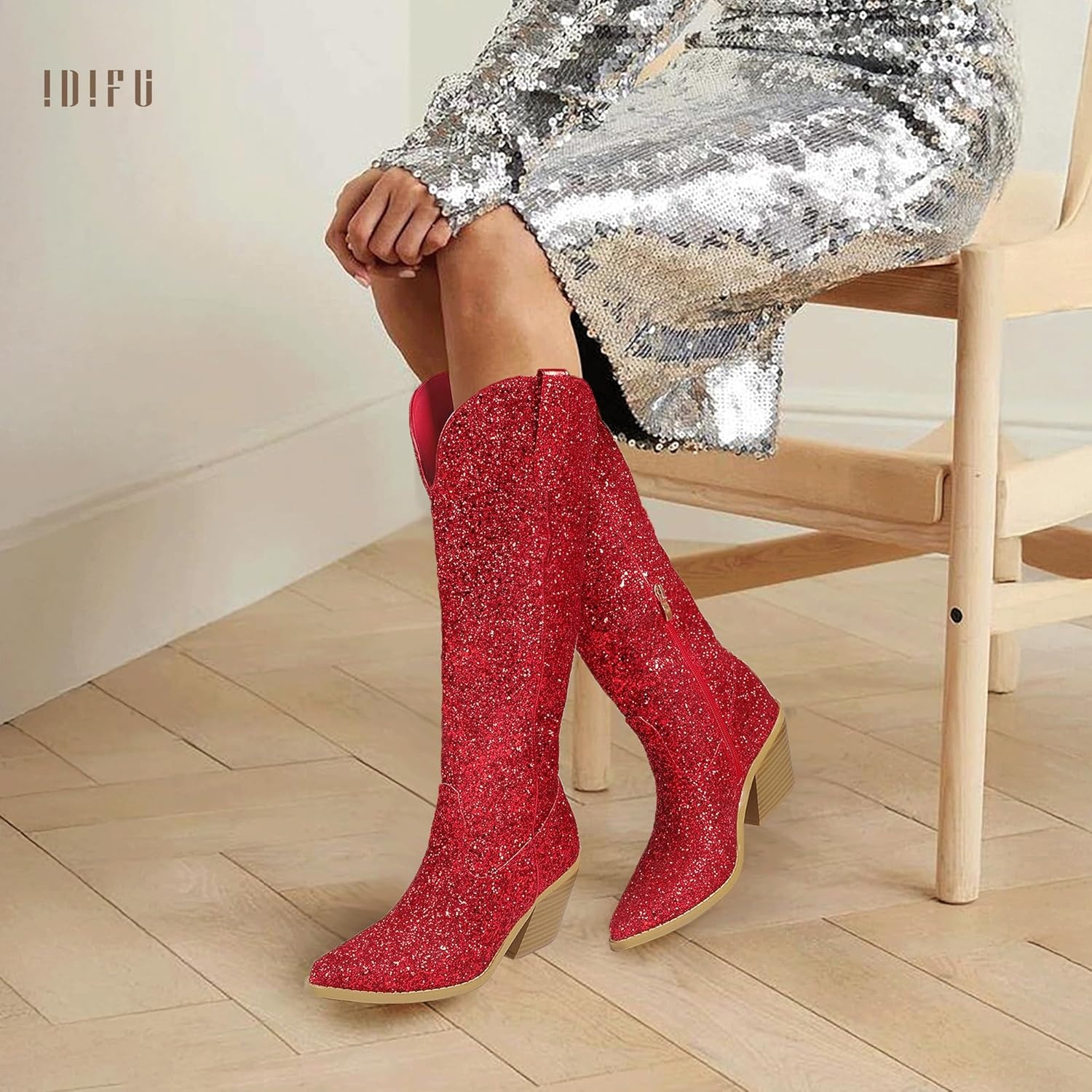 image:imageIDIFU IN3 Sparkly Cowboy Cowgirl Boots for Women Knee High Tall Long Glitter Dress Low Chunky Block Heel Sequin Sparkle Wedding Party Date Bride Ladies Bling Shiny BootsRed
