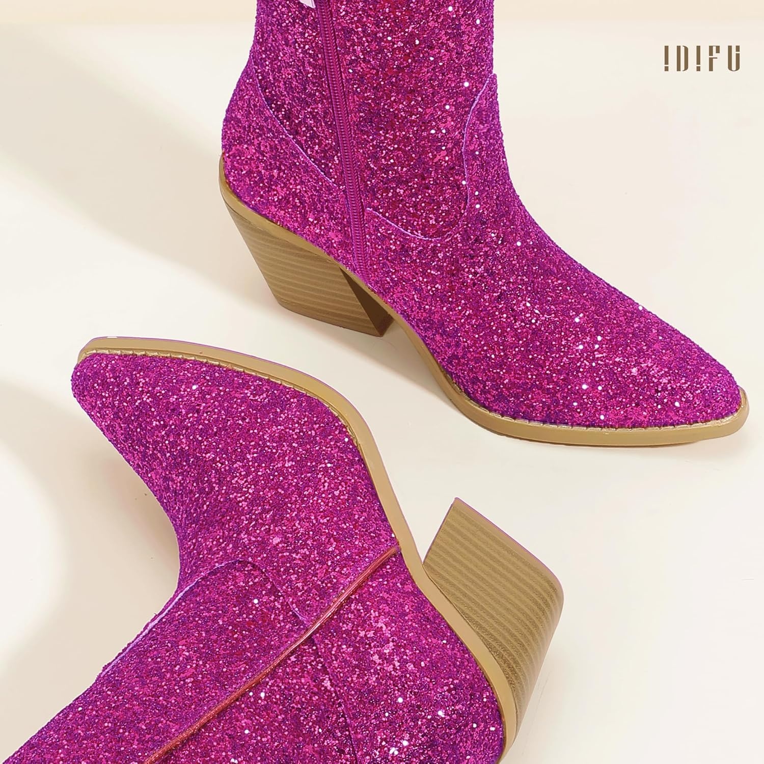 image:imageIDIFU IN3 Sparkly Cowboy Cowgirl Boots for Women Knee High Tall Long Glitter Dress Low Chunky Block Heel Sequin Sparkle Wedding Party Date Bride Ladies Bling Shiny BootsHot Pink