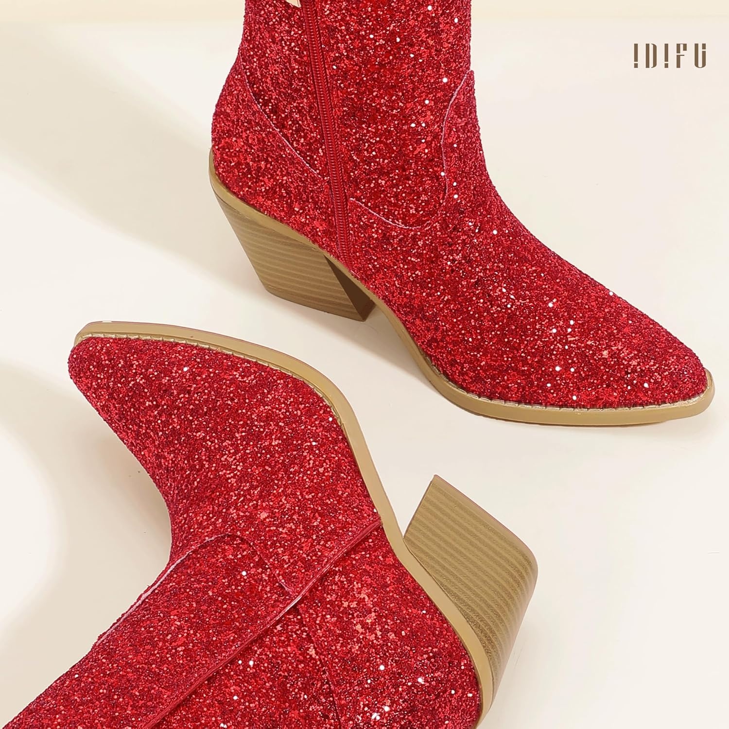 image:imageIDIFU IN3 Sparkly Cowboy Cowgirl Boots for Women Knee High Tall Long Glitter Dress Low Chunky Block Heel Sequin Sparkle Wedding Party Date Bride Ladies Bling Shiny BootsRed