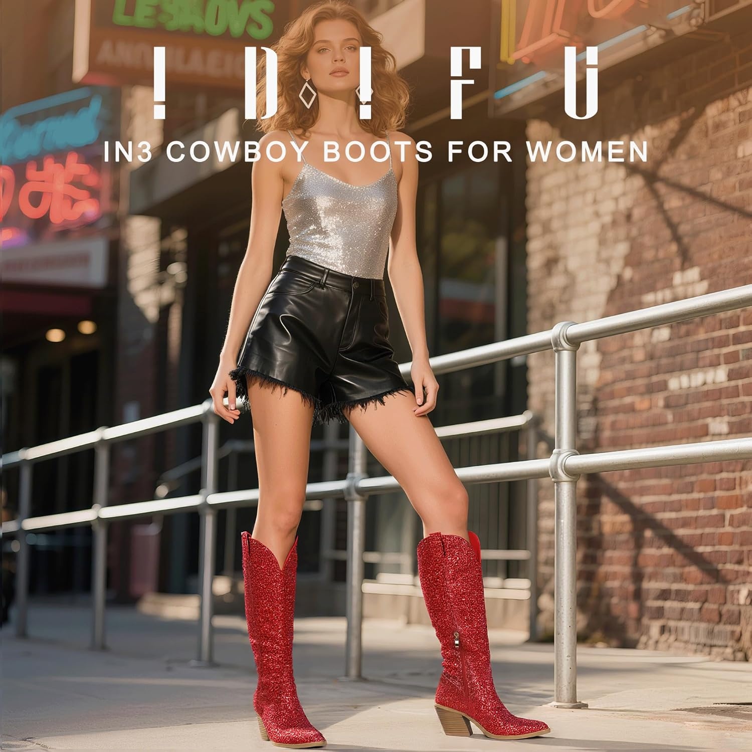 image:imageIDIFU IN3 Sparkly Cowboy Cowgirl Boots for Women Knee High Tall Long Glitter Dress Low Chunky Block Heel Sequin Sparkle Wedding Party Date Bride Ladies Bling Shiny BootsRed