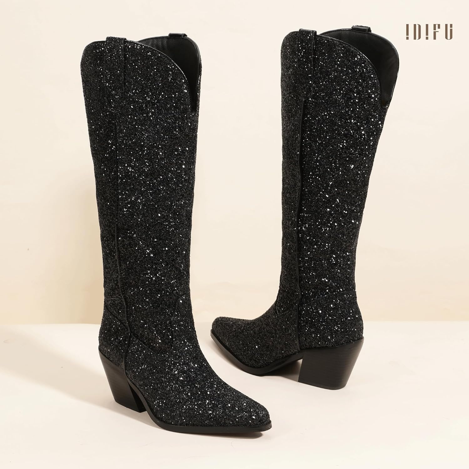 image:imageIDIFU IN3 Sparkly Cowboy Cowgirl Boots for Women Knee High Tall Long Glitter Dress Low Chunky Block Heel Sequin Sparkle Wedding Party Date Bride Ladies Bling Shiny BootsBlack
