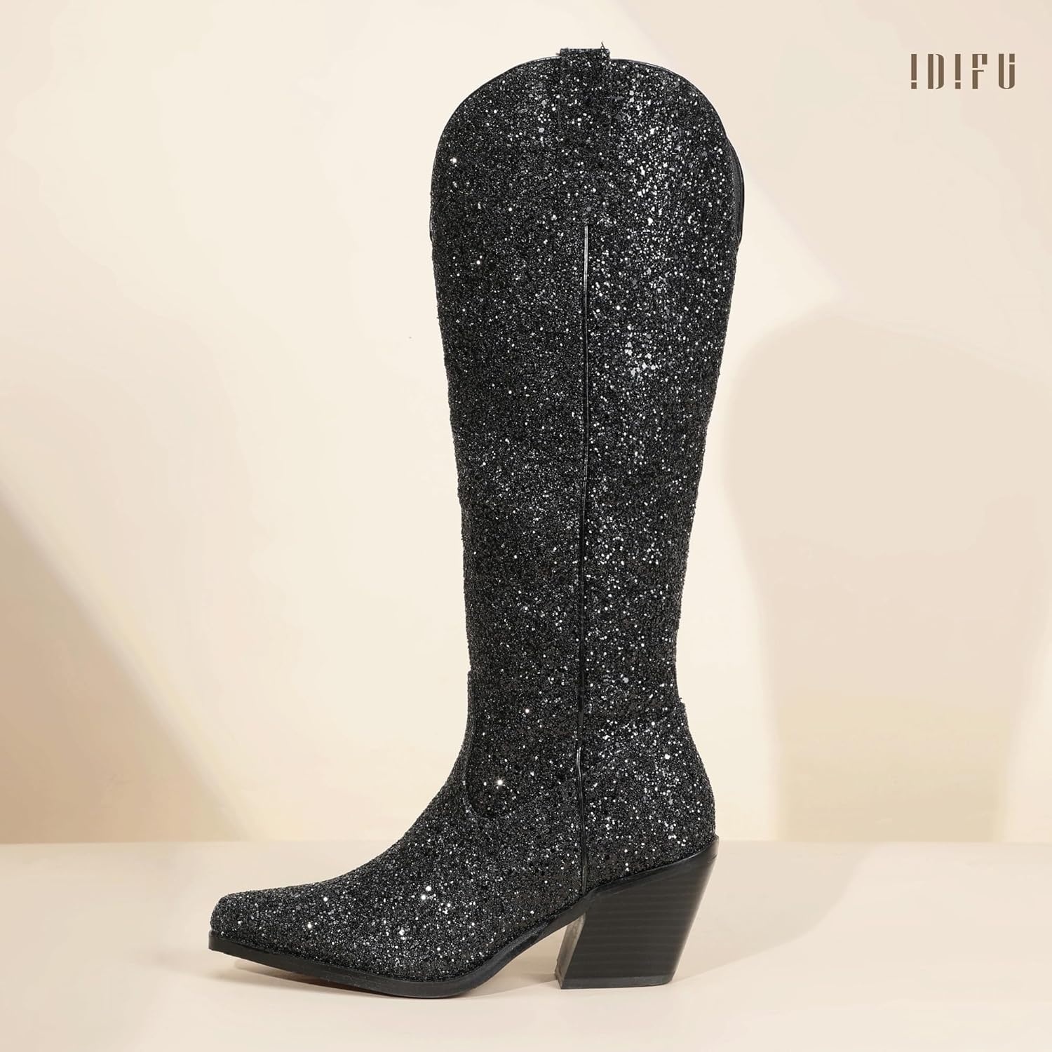 image:imageIDIFU IN3 Sparkly Cowboy Cowgirl Boots for Women Knee High Tall Long Glitter Dress Low Chunky Block Heel Sequin Sparkle Wedding Party Date Bride Ladies Bling Shiny BootsBlack