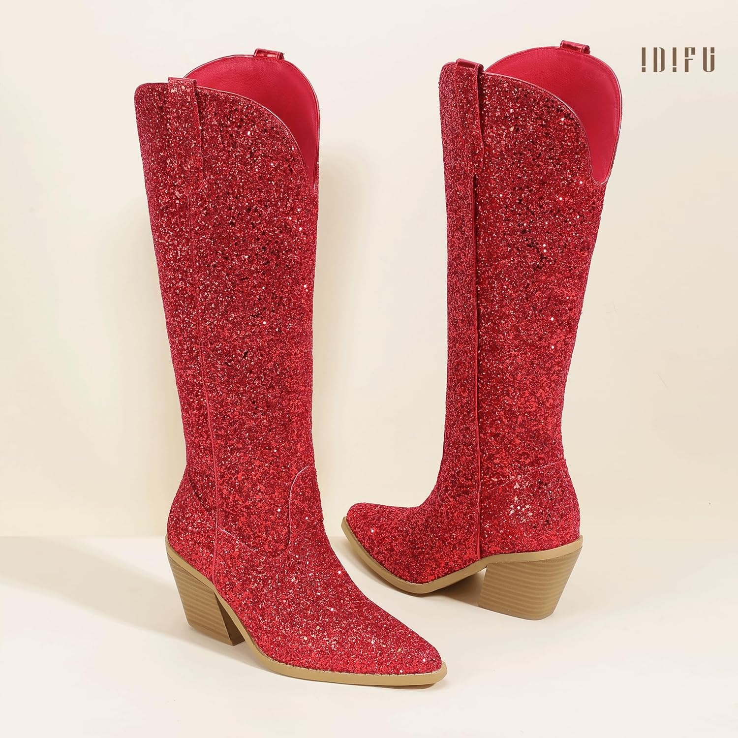 image:imageIDIFU IN3 Sparkly Cowboy Cowgirl Boots for Women Knee High Tall Long Glitter Dress Low Chunky Block Heel Sequin Sparkle Wedding Party Date Bride Ladies Bling Shiny BootsRed