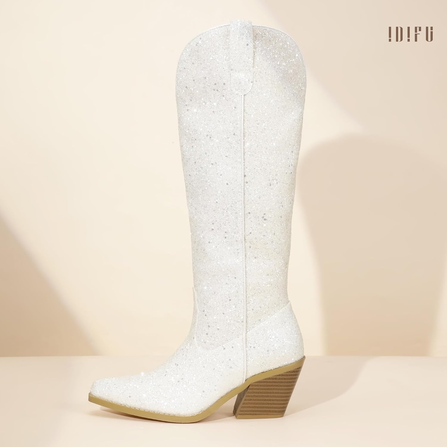 image:imageIDIFU IN3 Sparkly Cowboy Cowgirl Boots for Women Knee High Tall Long Glitter Dress Low Chunky Block Heel Sequin Sparkle Wedding Party Date Bride Ladies Bling Shiny BootsWhite