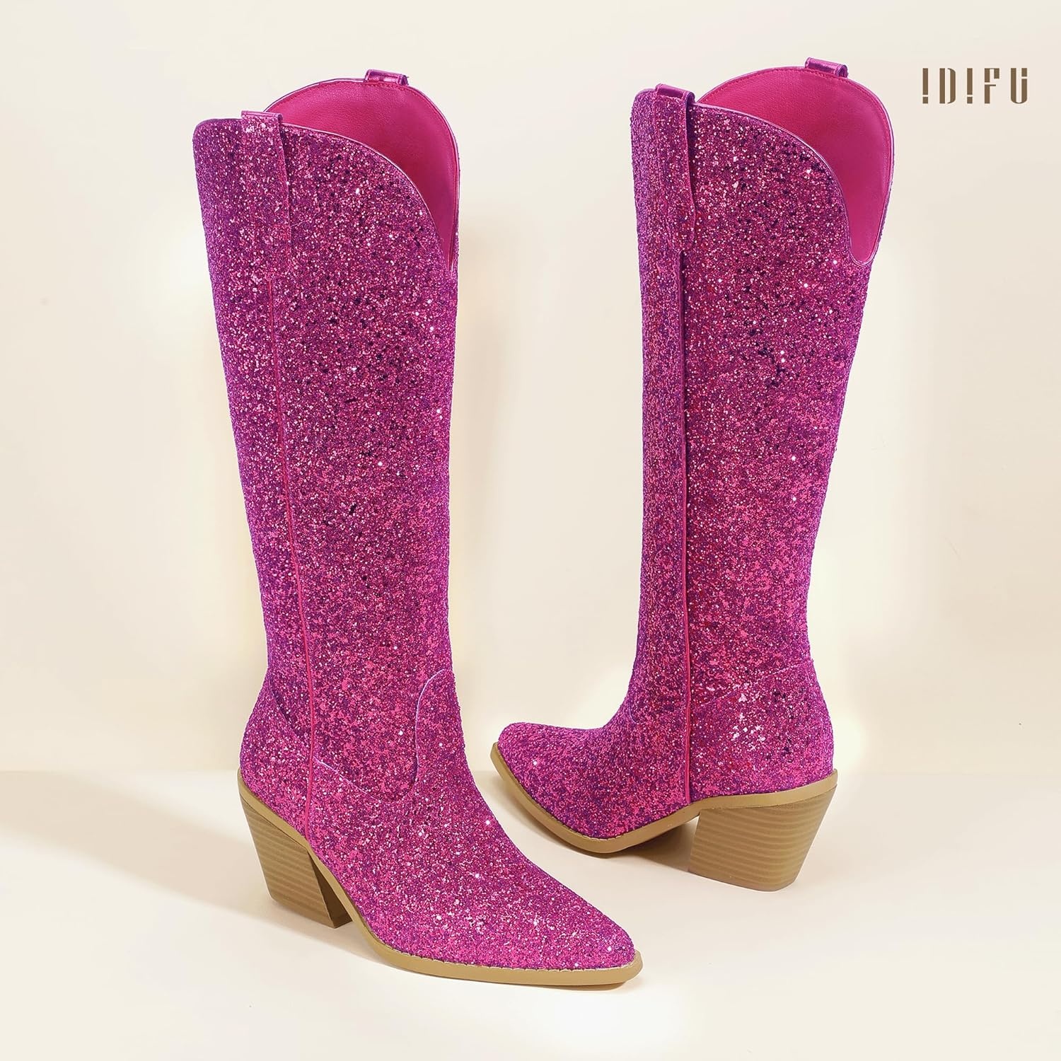 image:imageIDIFU IN3 Sparkly Cowboy Cowgirl Boots for Women Knee High Tall Long Glitter Dress Low Chunky Block Heel Sequin Sparkle Wedding Party Date Bride Ladies Bling Shiny BootsHot Pink