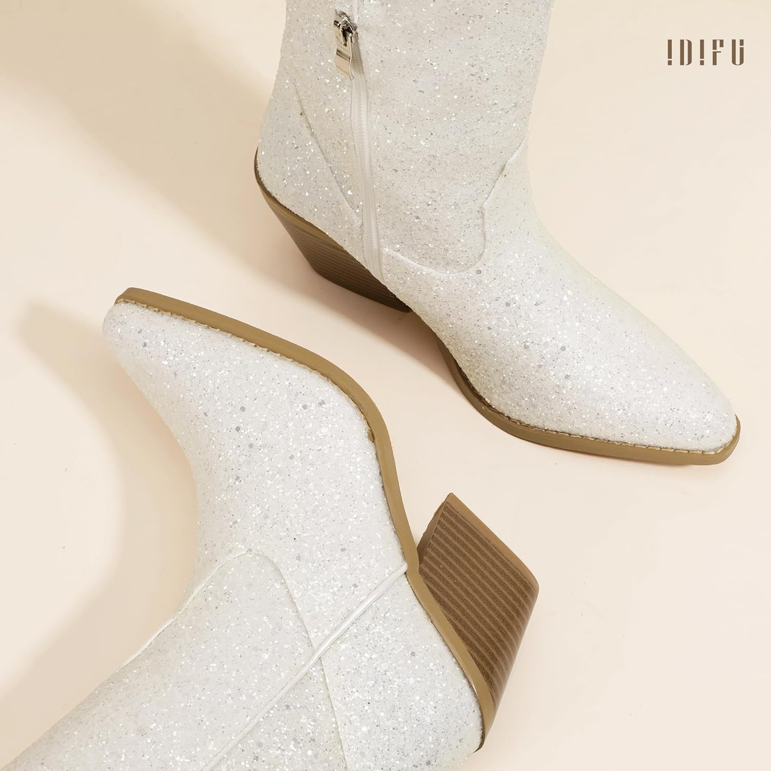 image:imageIDIFU IN3 Sparkly Cowboy Cowgirl Boots for Women Knee High Tall Long Glitter Dress Low Chunky Block Heel Sequin Sparkle Wedding Party Date Bride Ladies Bling Shiny BootsWhite