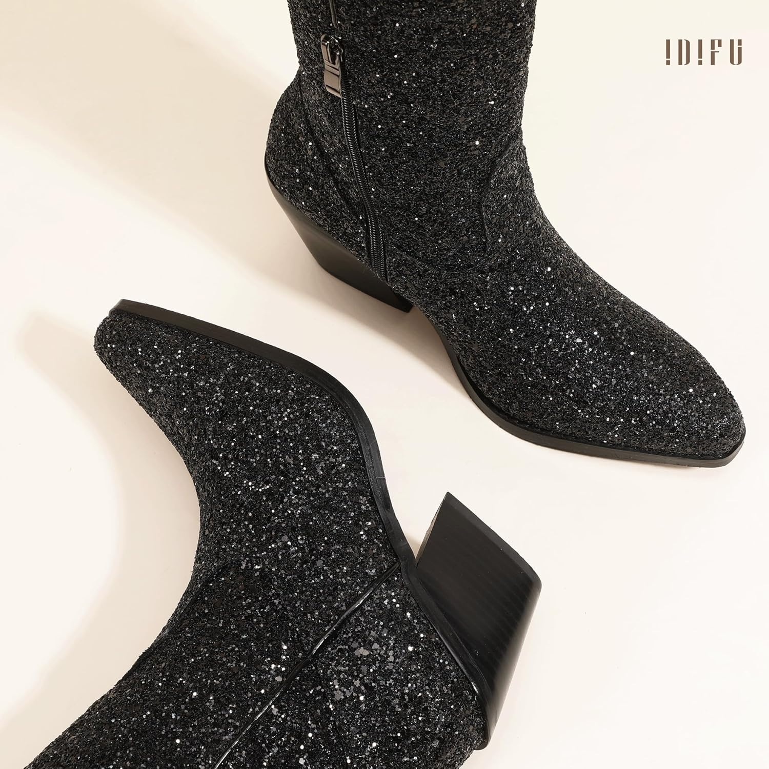 image:imageIDIFU IN3 Sparkly Cowboy Cowgirl Boots for Women Knee High Tall Long Glitter Dress Low Chunky Block Heel Sequin Sparkle Wedding Party Date Bride Ladies Bling Shiny BootsBlack