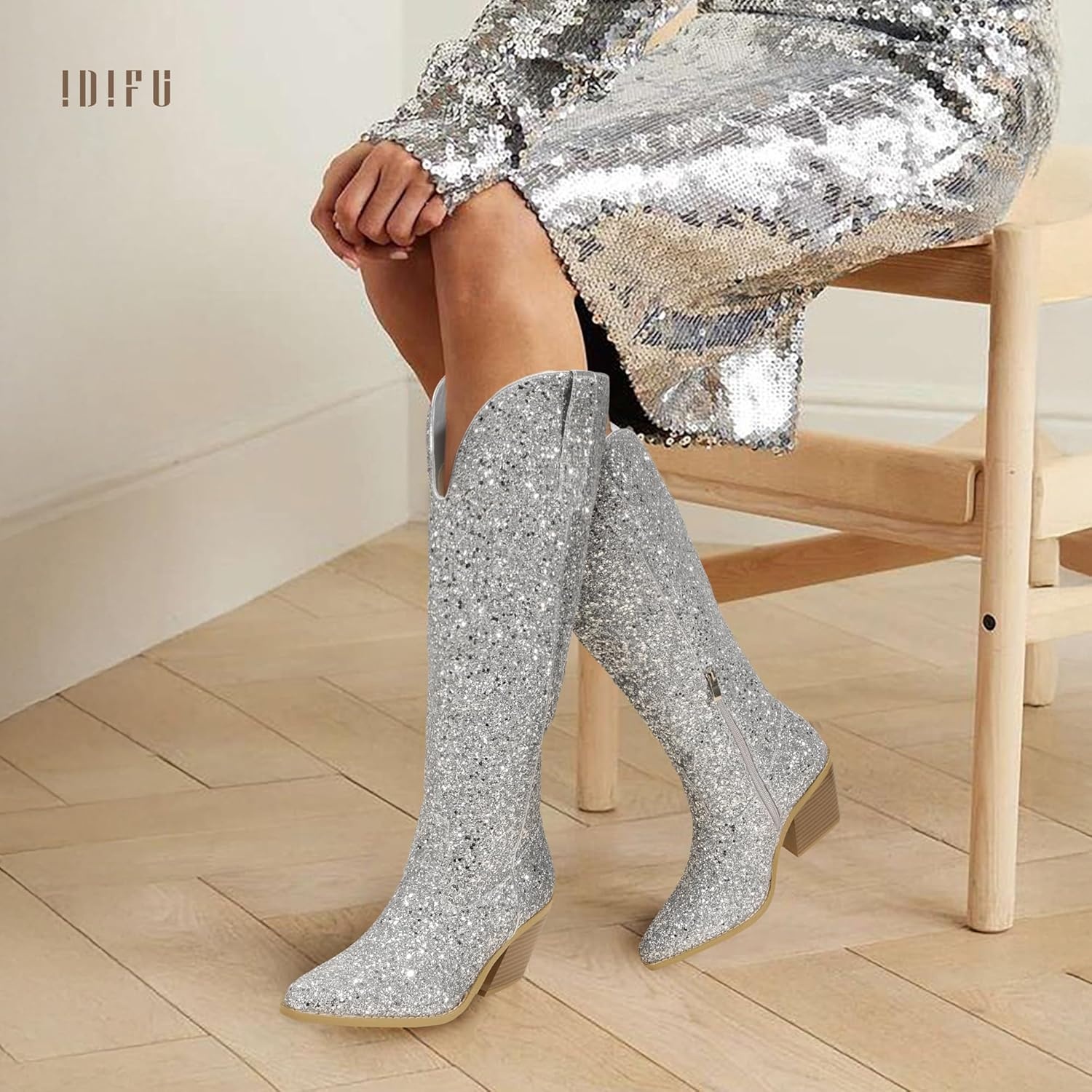image:imageIDIFU IN3 Sparkly Cowboy Cowgirl Boots for Women Knee High Tall Long Glitter Dress Low Chunky Block Heel Sequin Sparkle Wedding Party Date Bride Ladies Bling Shiny BootsSilver