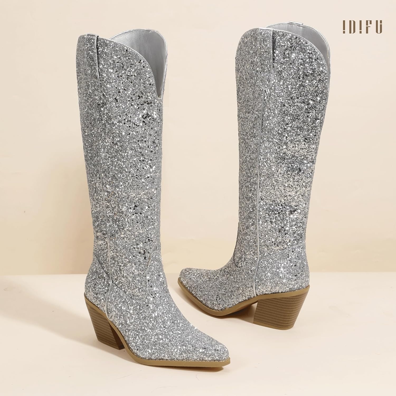 image:imageIDIFU IN3 Sparkly Cowboy Cowgirl Boots for Women Knee High Tall Long Glitter Dress Low Chunky Block Heel Sequin Sparkle Wedding Party Date Bride Ladies Bling Shiny BootsSilver