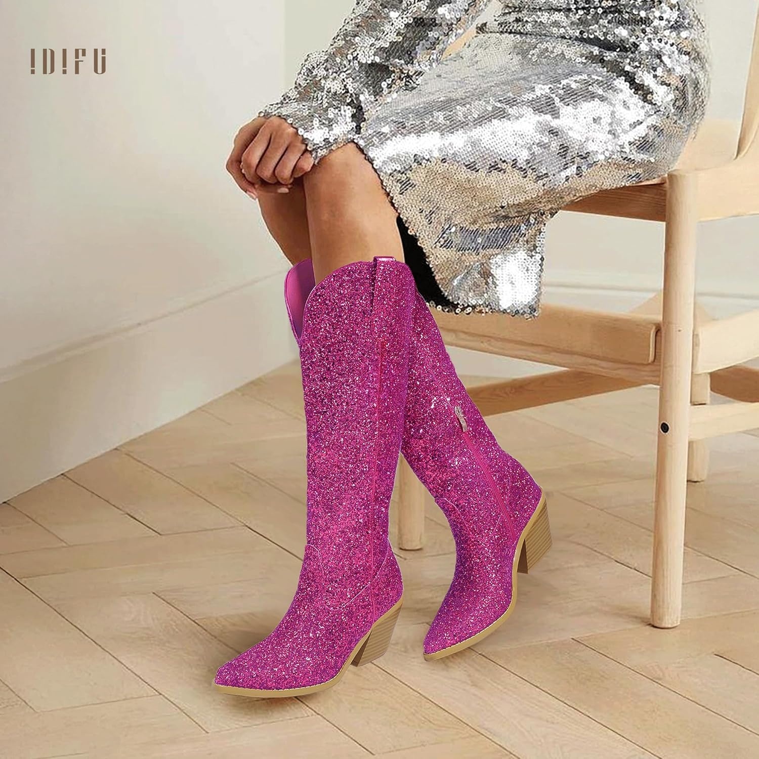 image:imageIDIFU IN3 Sparkly Cowboy Cowgirl Boots for Women Knee High Tall Long Glitter Dress Low Chunky Block Heel Sequin Sparkle Wedding Party Date Bride Ladies Bling Shiny BootsHot Pink