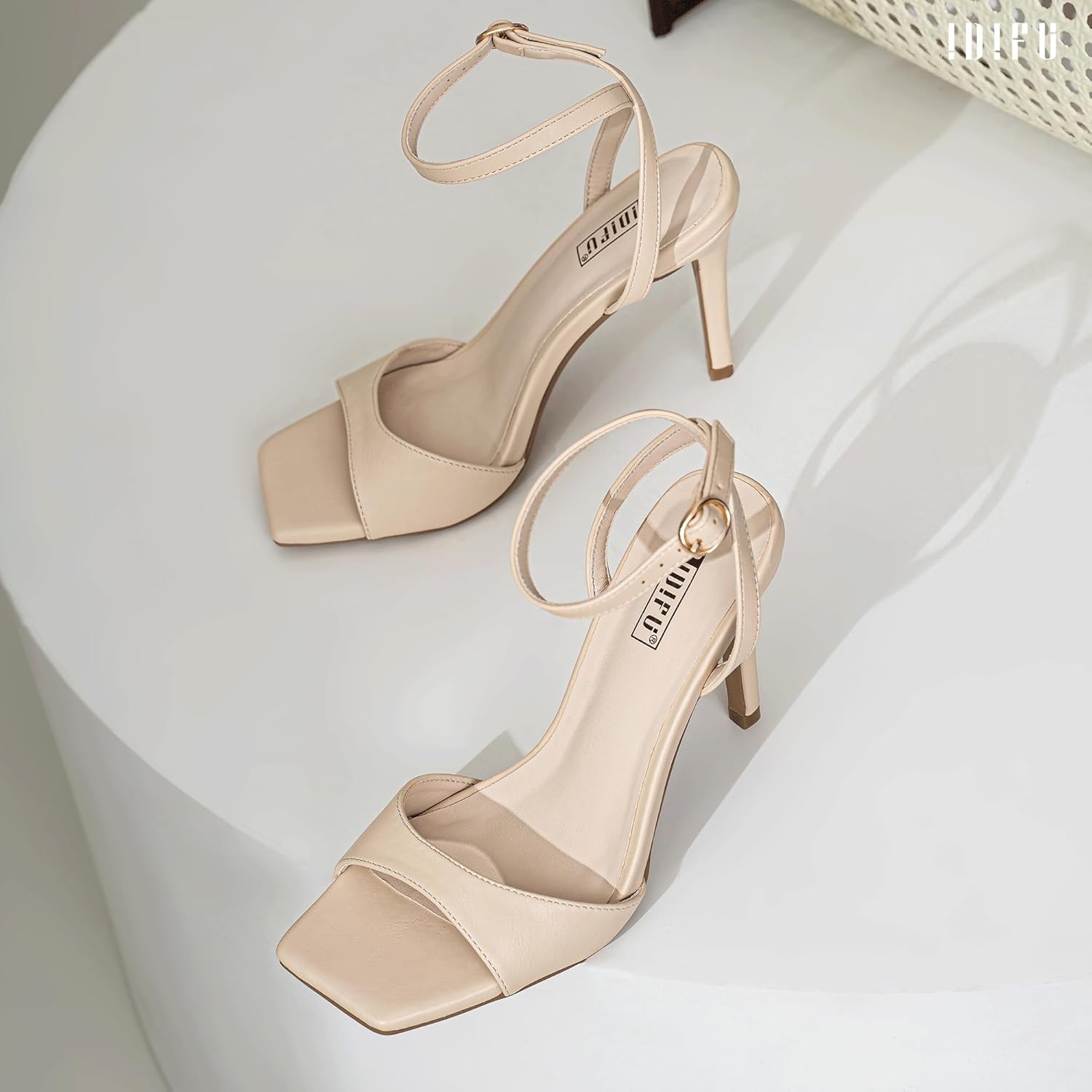 image:imageIDIFU IN4 High Stiletto Heels Square Peep Open Toe Strappy Heeled Sandals Wedding Bridal Prom Party Evening Dress Shoes for Women Comfortable Dressy Cute Sexy Ankle Strap HeelsNude Pu