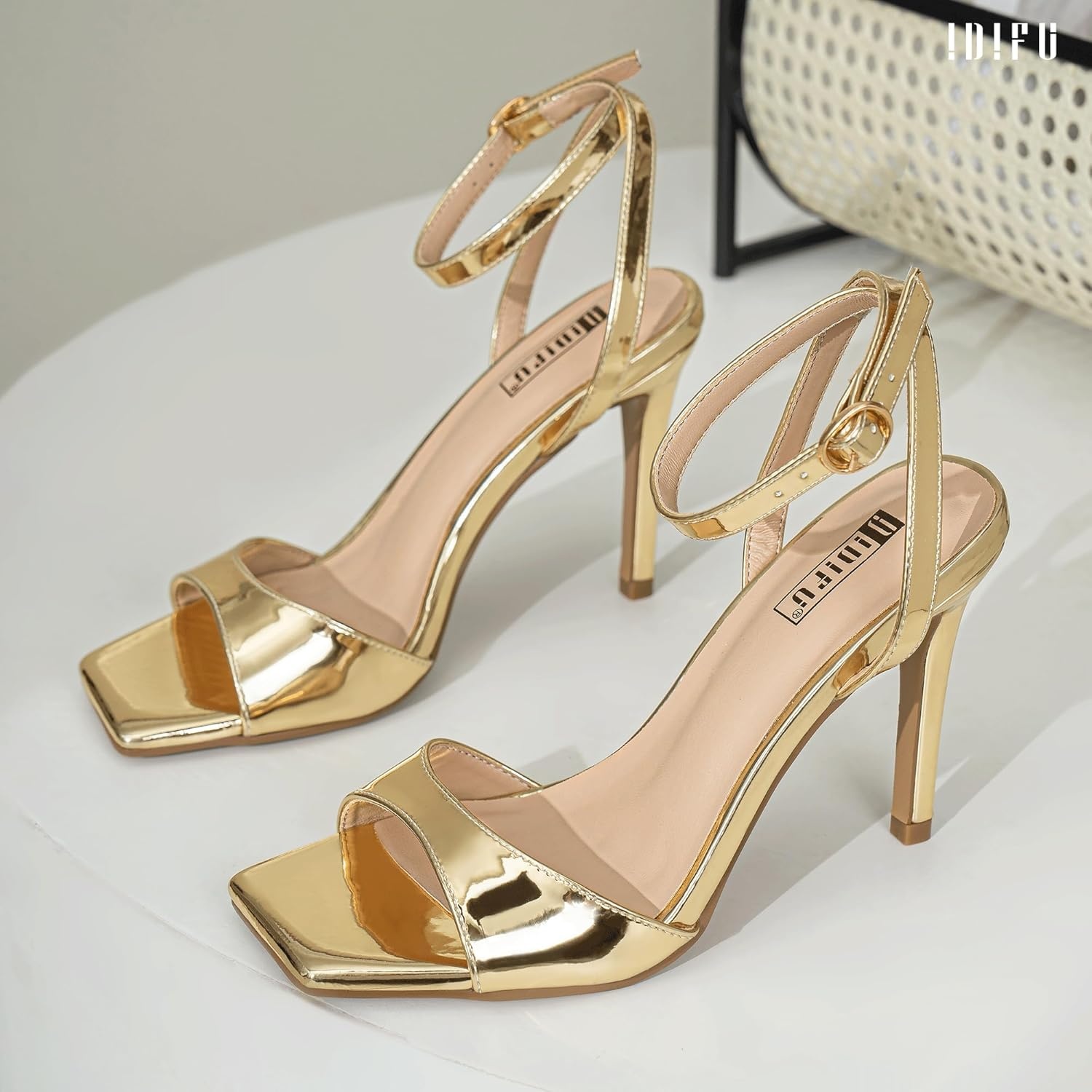 image:imageIDIFU IN4 High Stiletto Heels Square Peep Open Toe Strappy Heeled Sandals Wedding Bridal Prom Party Evening Dress Shoes for Women Comfortable Dressy Cute Sexy Ankle Strap HeelsGold Patent