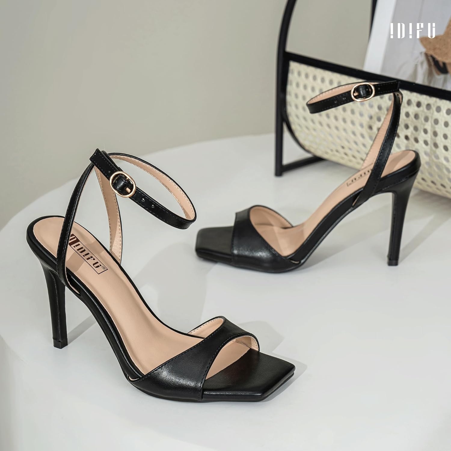 image:imageIDIFU IN4 High Stiletto Heels Square Peep Open Toe Strappy Heeled Sandals Wedding Bridal Prom Party Evening Dress Shoes for Women Comfortable Dressy Cute Sexy Ankle Strap HeelsBlack Pu