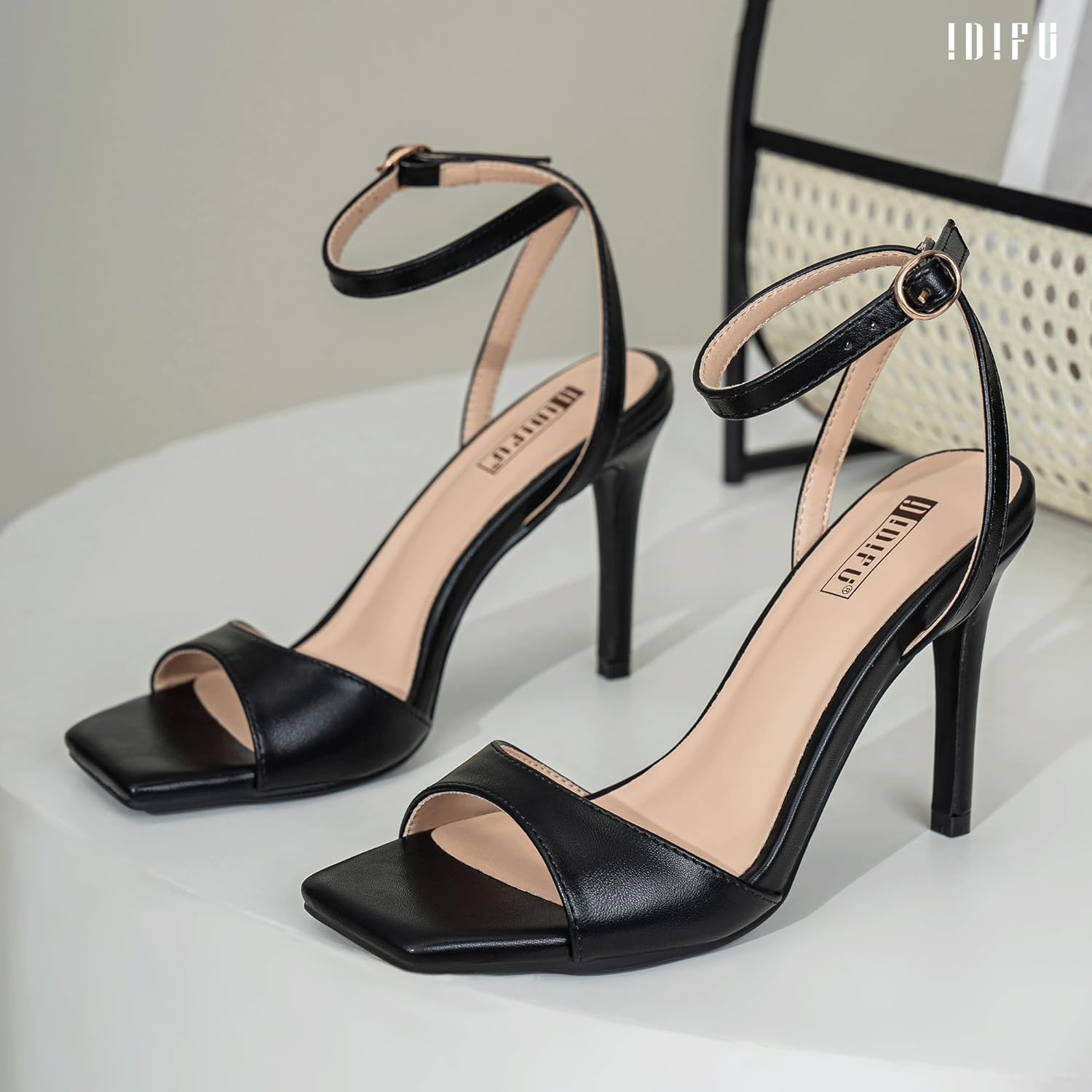 image:imageIDIFU IN4 High Stiletto Heels Square Peep Open Toe Strappy Heeled Sandals Wedding Bridal Prom Party Evening Dress Shoes for Women Comfortable Dressy Cute Sexy Ankle Strap HeelsBlack Pu