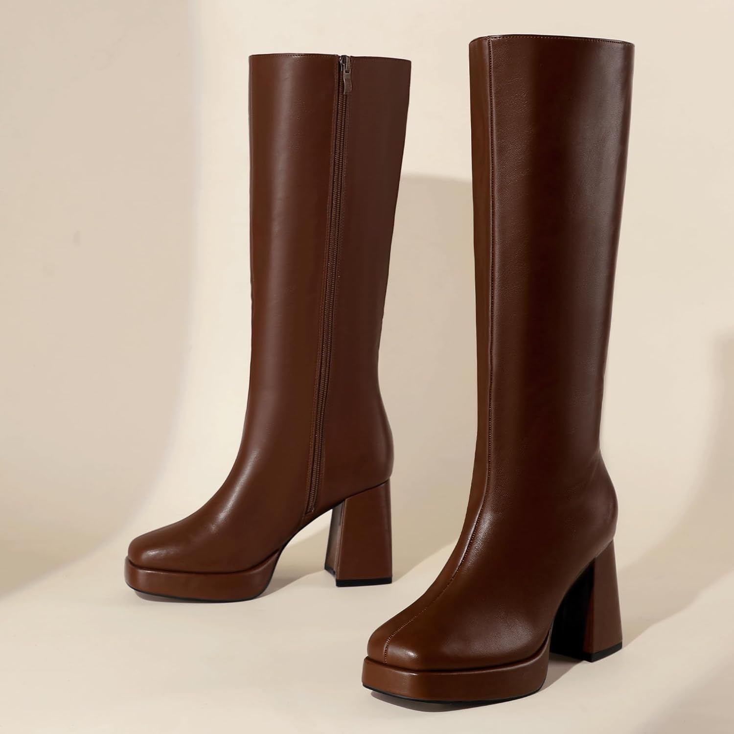 image:imageIDIFU IN4 Knee High Boots Women Platform Boots Tall High Long Square Toe Chunky Gogo Block Heel Boots Fall Dress Comfortable Fashion Cute Sexy Dance Booties for Women Zipper Heeled BootsBrown
