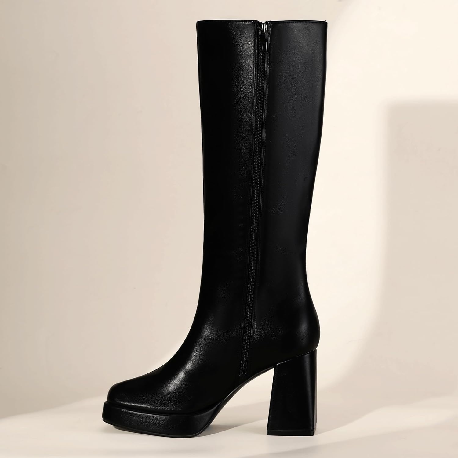 image:imageIDIFU IN4 Knee High Boots Women Platform Boots Tall High Long Square Toe Chunky Gogo Block Heel Boots Fall Dress Comfortable Fashion Cute Sexy Dance Booties for Women Zipper Heeled BootsBlack