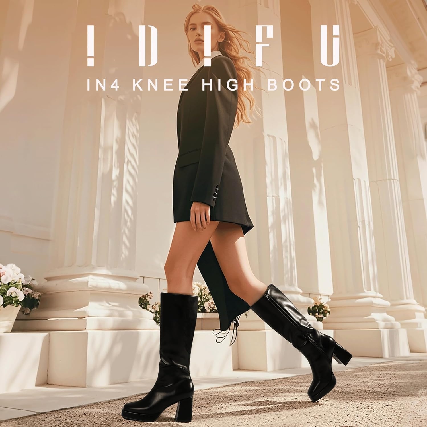 image:imageIDIFU IN4 Knee High Boots Women Platform Boots Tall High Long Square Toe Chunky Gogo Block Heel Boots Fall Dress Comfortable Fashion Cute Sexy Dance Booties for Women Zipper Heeled BootsBlack
