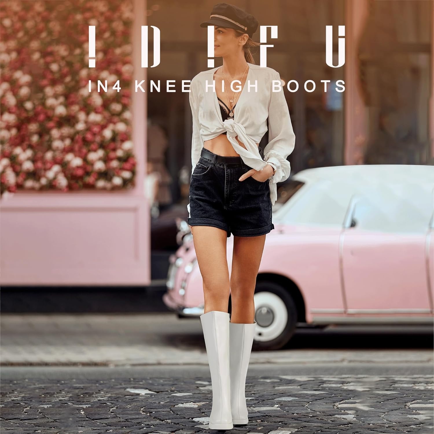 image:imageIDIFU IN4 Knee High Boots Women Platform Boots Tall High Long Square Toe Chunky Gogo Block Heel Boots Fall Dress Comfortable Fashion Cute Sexy Dance Booties for Women Zipper Heeled BootsWhite