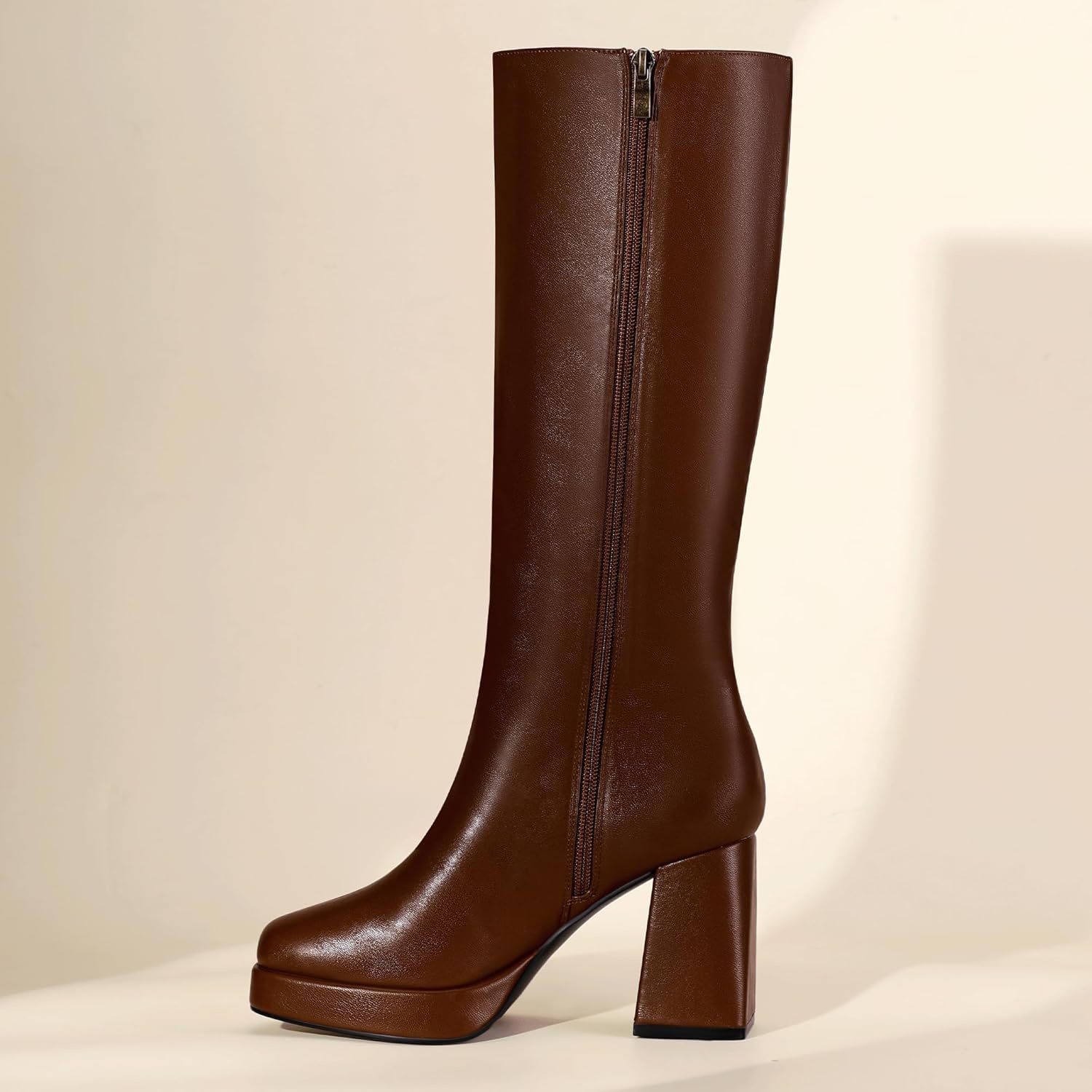 image:imageIDIFU IN4 Knee High Boots Women Platform Boots Tall High Long Square Toe Chunky Gogo Block Heel Boots Fall Dress Comfortable Fashion Cute Sexy Dance Booties for Women Zipper Heeled BootsBrown