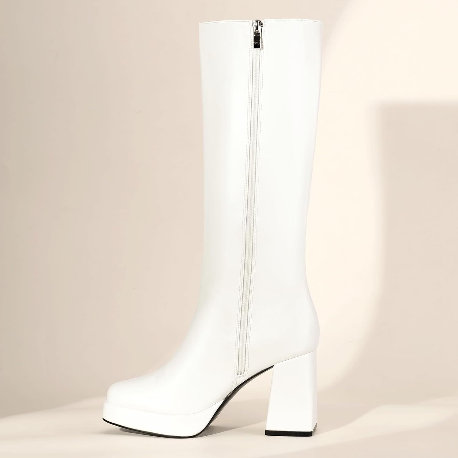 image:imageIDIFU IN4 Knee High Boots Women Platform Boots Tall High Long Square Toe Chunky Gogo Block Heel Boots Fall Dress Comfortable Fashion Cute Sexy Dance Booties for Women Zipper Heeled BootsWhite
