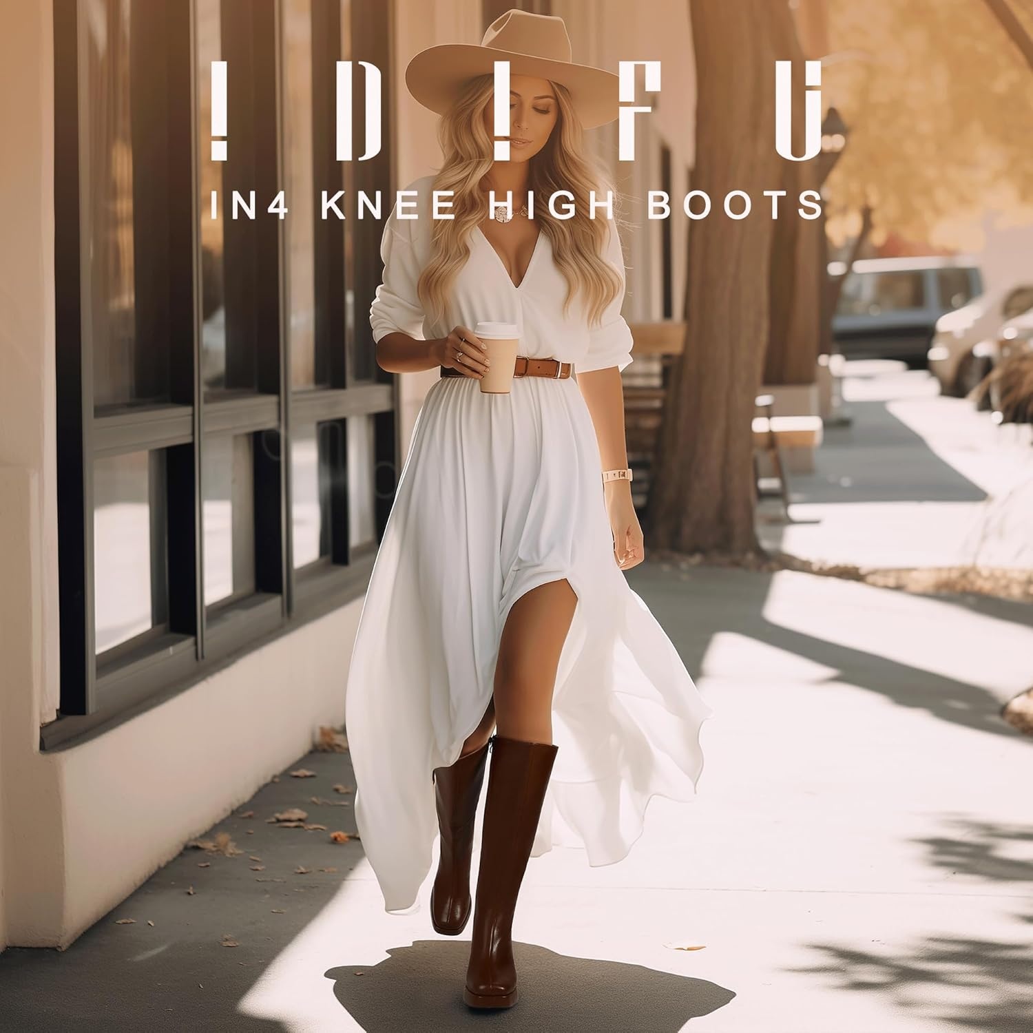 image:imageIDIFU IN4 Knee High Boots Women Platform Boots Tall High Long Square Toe Chunky Gogo Block Heel Boots Fall Dress Comfortable Fashion Cute Sexy Dance Booties for Women Zipper Heeled BootsBrown