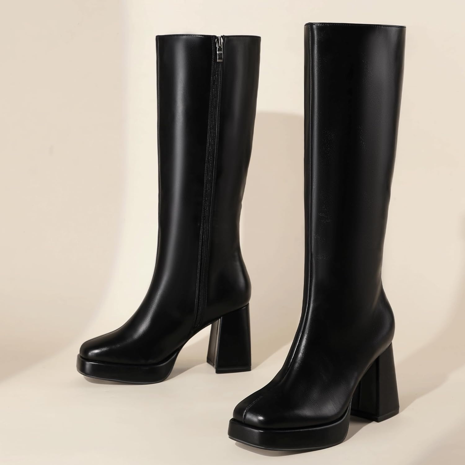 image:imageIDIFU IN4 Knee High Boots Women Platform Boots Tall High Long Square Toe Chunky Gogo Block Heel Boots Fall Dress Comfortable Fashion Cute Sexy Dance Booties for Women Zipper Heeled BootsBlack