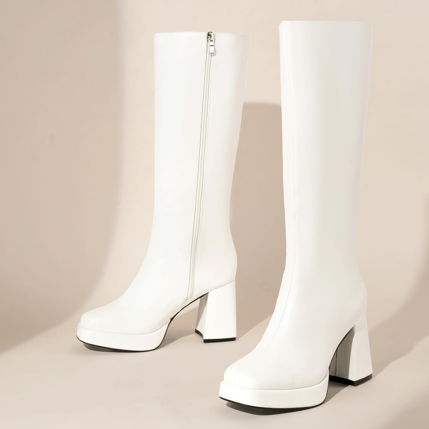 image:imageIDIFU IN4 Knee High Boots Women Platform Boots Tall High Long Square Toe Chunky Gogo Block Heel Boots Fall Dress Comfortable Fashion Cute Sexy Dance Booties for Women Zipper Heeled BootsWhite