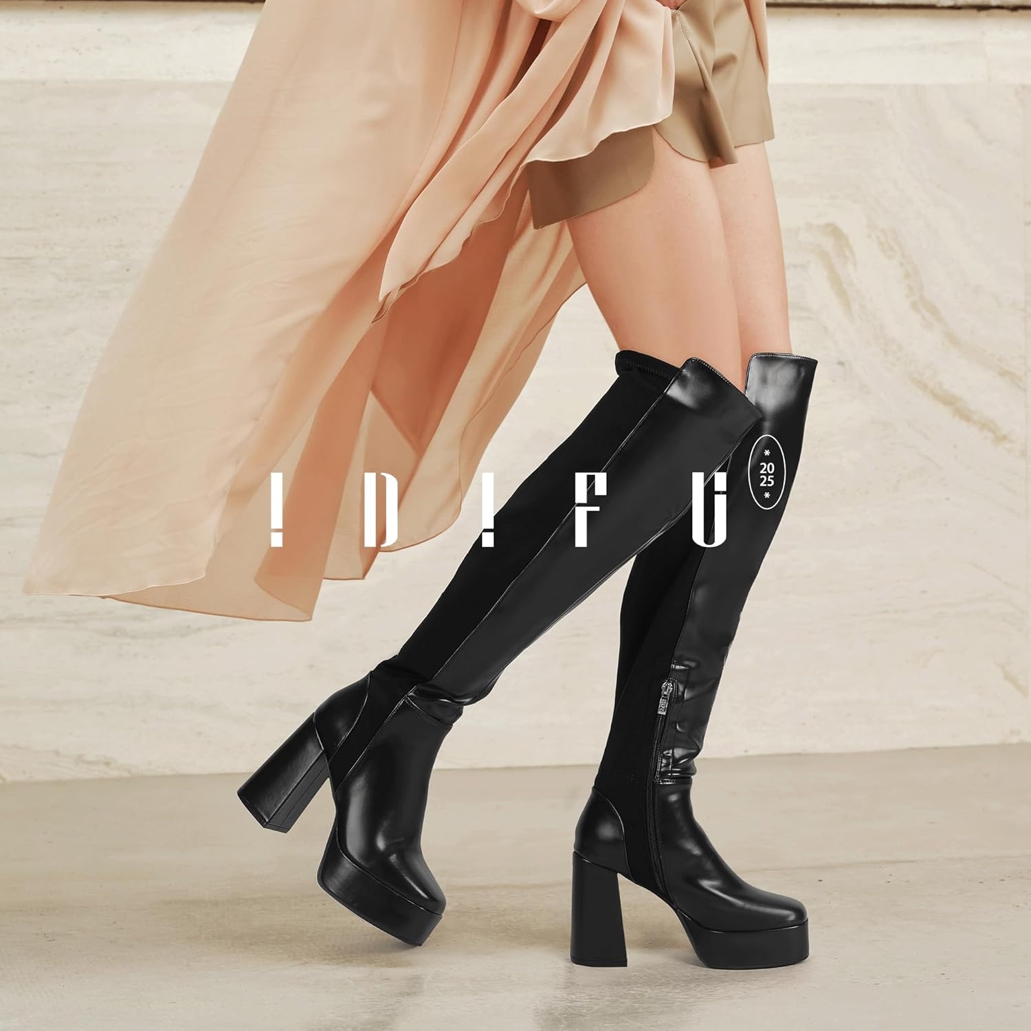 image:imageIDIFU IN4 Womens Thigh High Boots Over The Knee Stretch Platform Chunky Block Heel Side Zip Fashion Long BootsBlack Pu