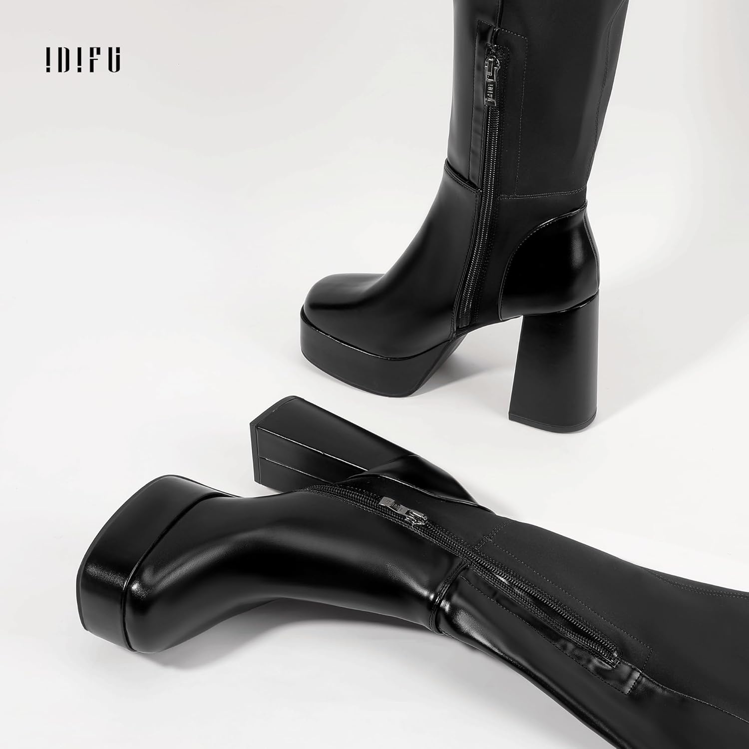 image:imageIDIFU IN4 Womens Thigh High Boots Over The Knee Stretch Platform Chunky Block Heel Side Zip Fashion Long BootsBlack Pu