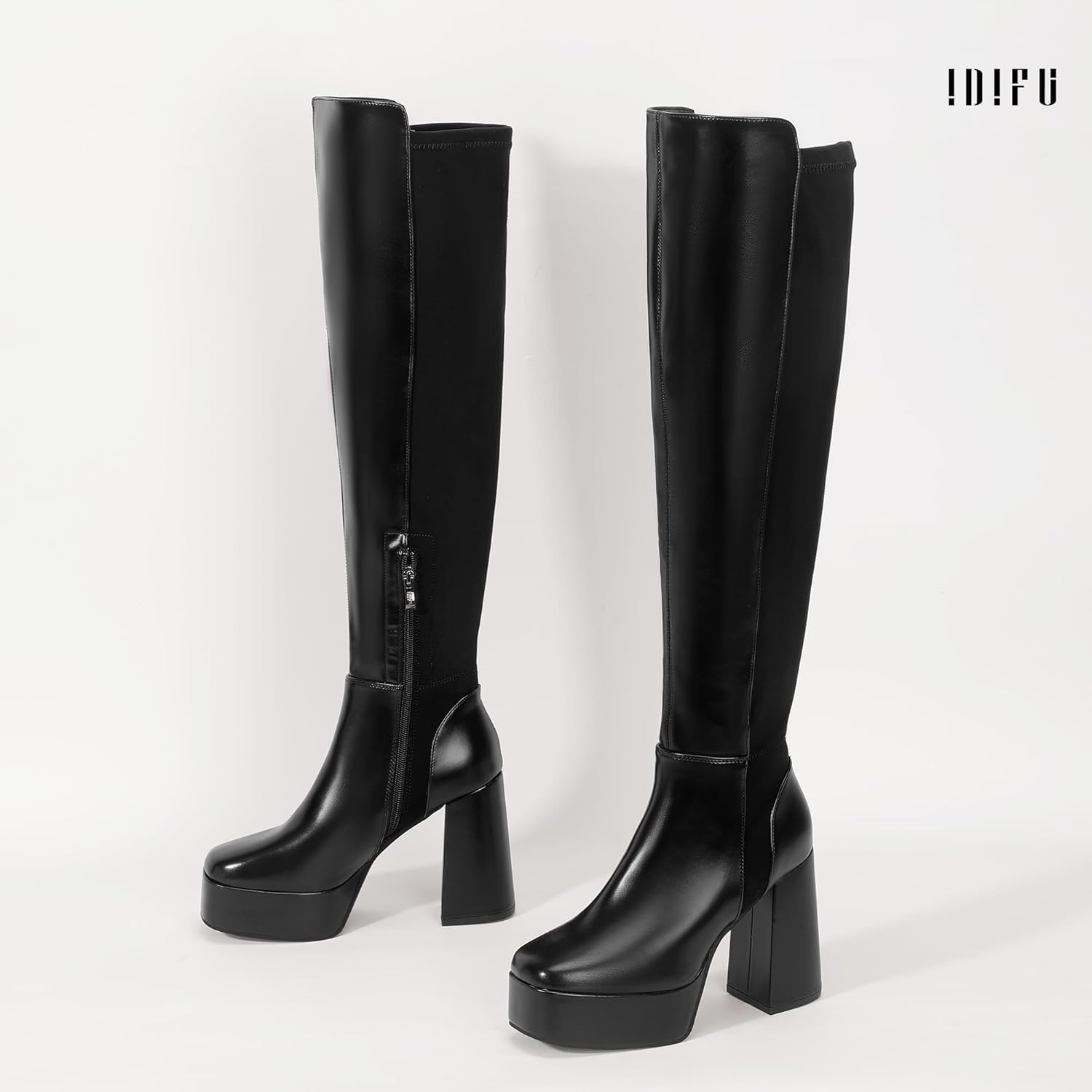 image:imageIDIFU IN4 Womens Thigh High Boots Over The Knee Stretch Platform Chunky Block Heel Side Zip Fashion Long BootsBlack Pu